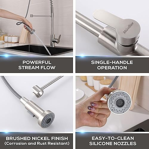 Miniatura 5 de Mueller Serie profesional grifo de fregadero de cocina de acero inoxidable de una sola manija, arco alto, una sola palanca, cabezal rociador