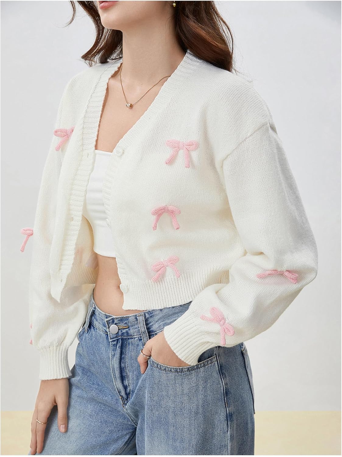 SHENHE Women's Bow Sweater Cardigan Button Down V Neck Lightweight Knit Cropped Cardigan - Image 4