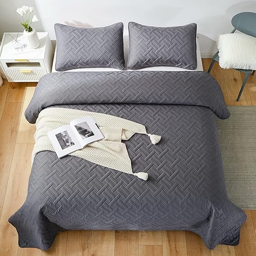 Miniatura 3 de beeweed Quilt Set Queen Size 3 Pieces Lightweight Microfiber Basket Pattern Bedspreads for All Season Grey Soft Summer Coverlet Set with Ultrasonic