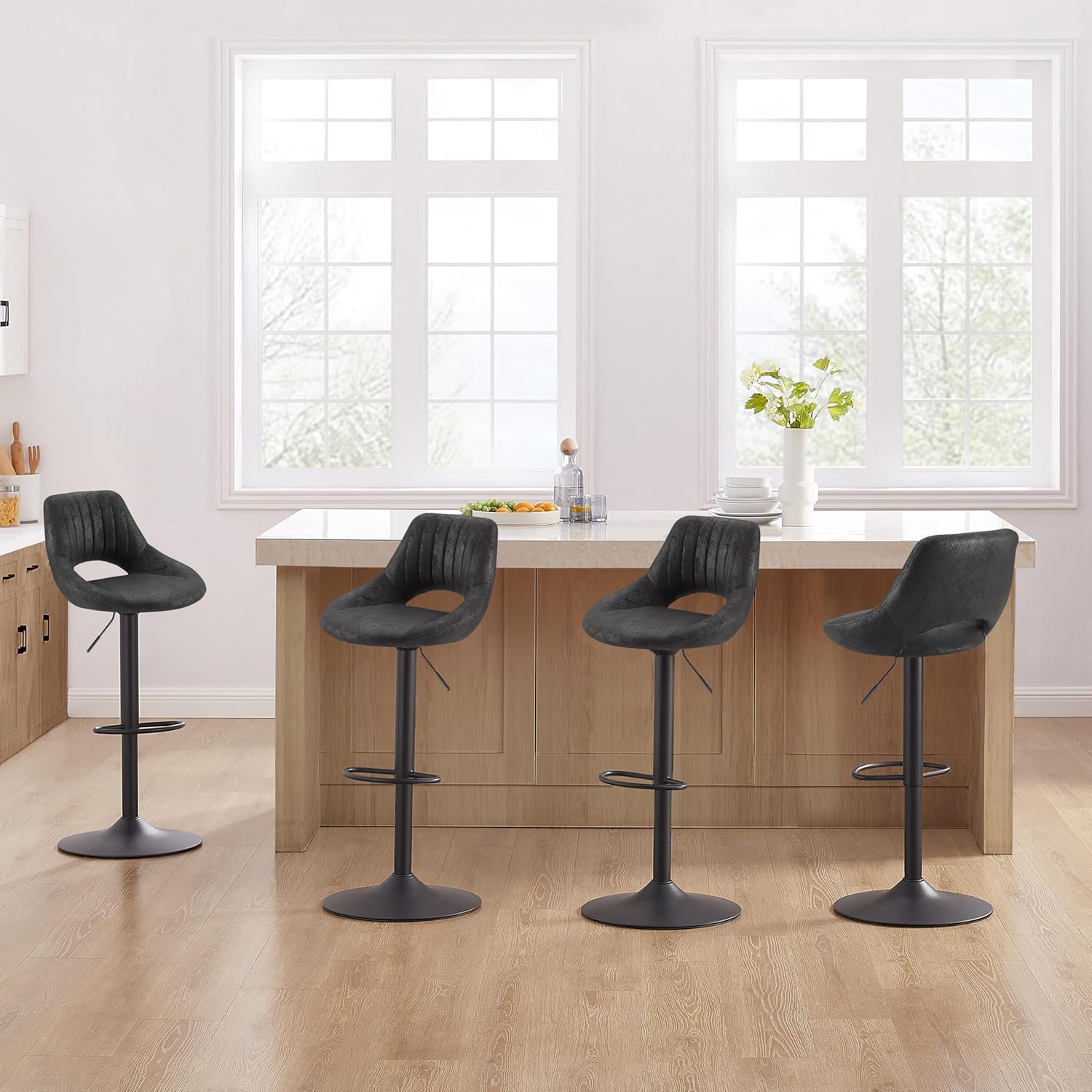 Zouron Swivel Bar Stools for Kitchen Counter Adjustable Counter Height Bar Chairs with Back Tall Barstools Vintage Faux Suede Upholstered Kitchen Island Stools, Set of 4, Black