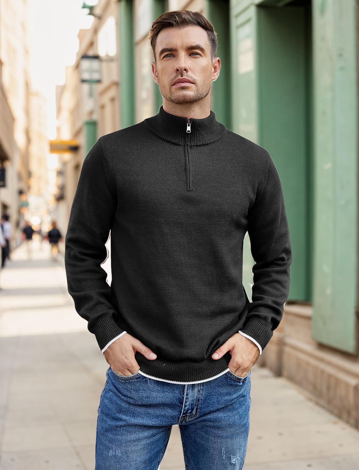 COOFANDY Men's Quarter Zip Up Pullover Slim Fit Lightweight Mock Neck Long Sleeve Sweaters - Image 3