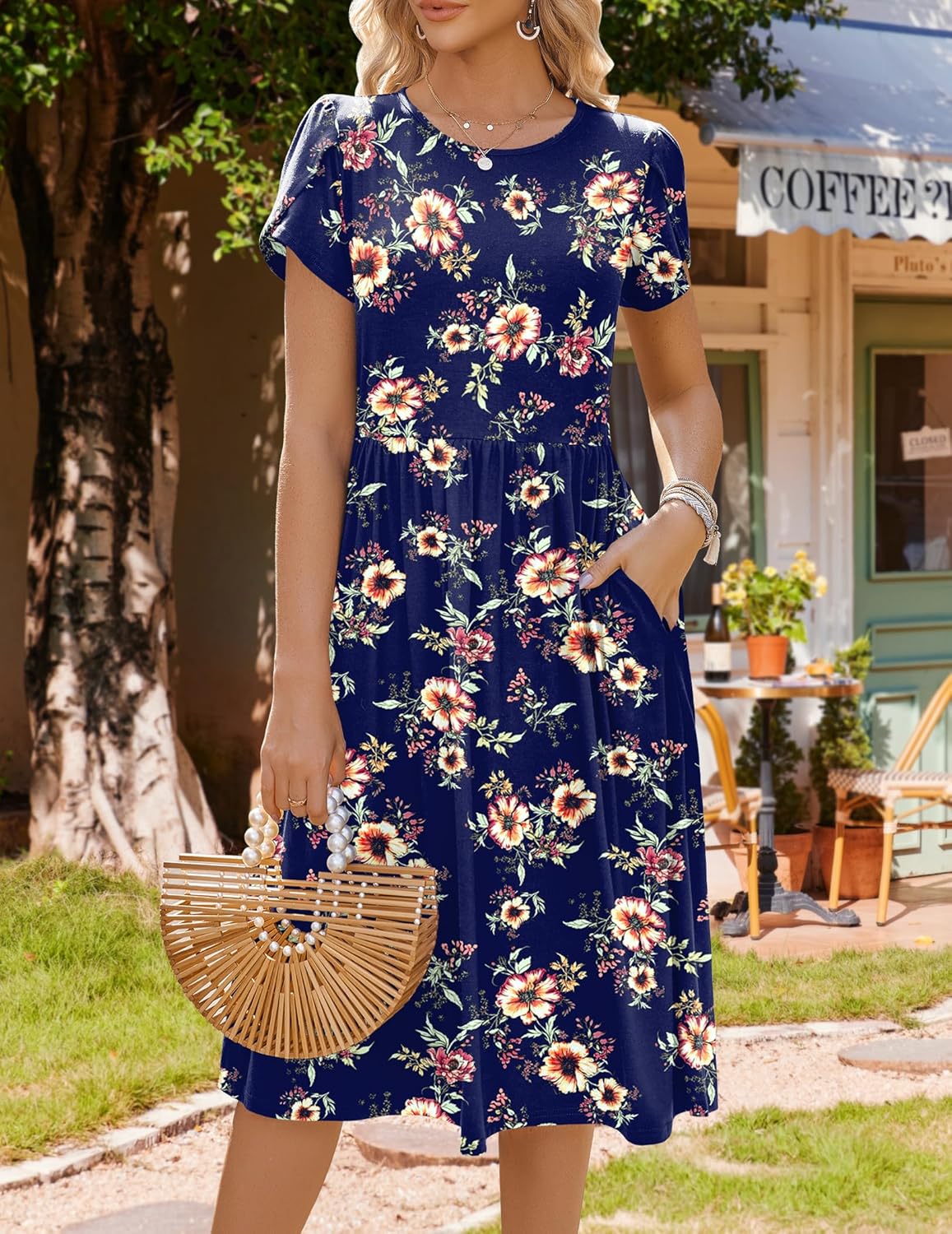 HOTOUCH Women's Summer A-Line Midi Dresses 2026 Casual Floral Short Sleeve T-Shirt Dress Flowy Beach Sundress with Pockets - Image 4