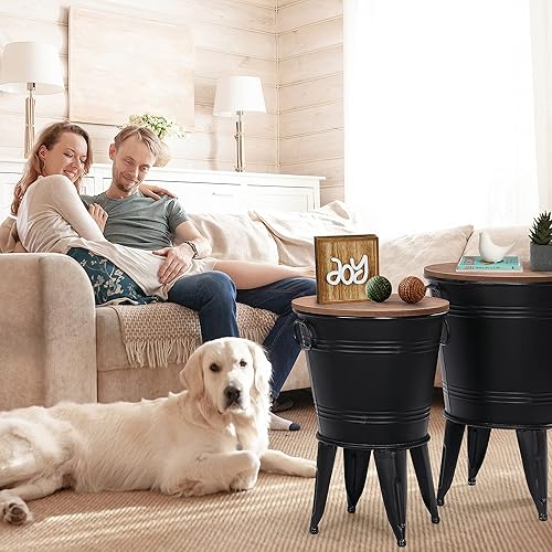 Miniatura 2 de RUSTOWN Mesa auxiliar decorativa de granja, mesa de café o cóctel con extremo galvanizado rústico antiguo, contenedor de metal con tapa redonda de