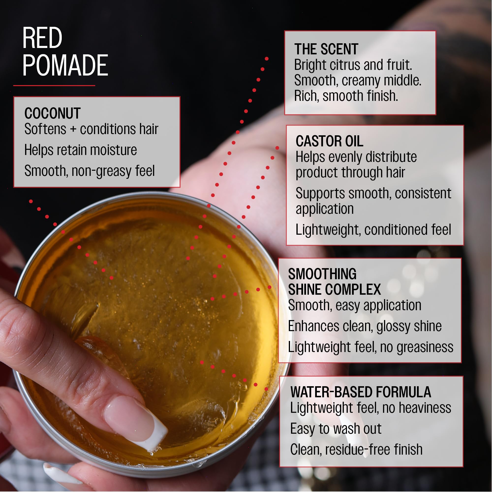 Reuzel Pomada roja de fijación media y brillo intenso para hombres, pomada soluble en agua para un aspecto flexible y brillante, 3,38 oz/95g