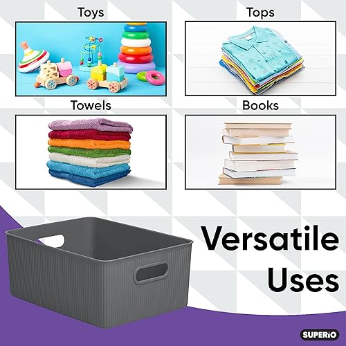 Miniatura 6 de Superio Cesta de almacenamiento de plástico apilable, paquete de 2 cajas organizadoras con tapa para estante, armario, escritorio, despensa, uso en