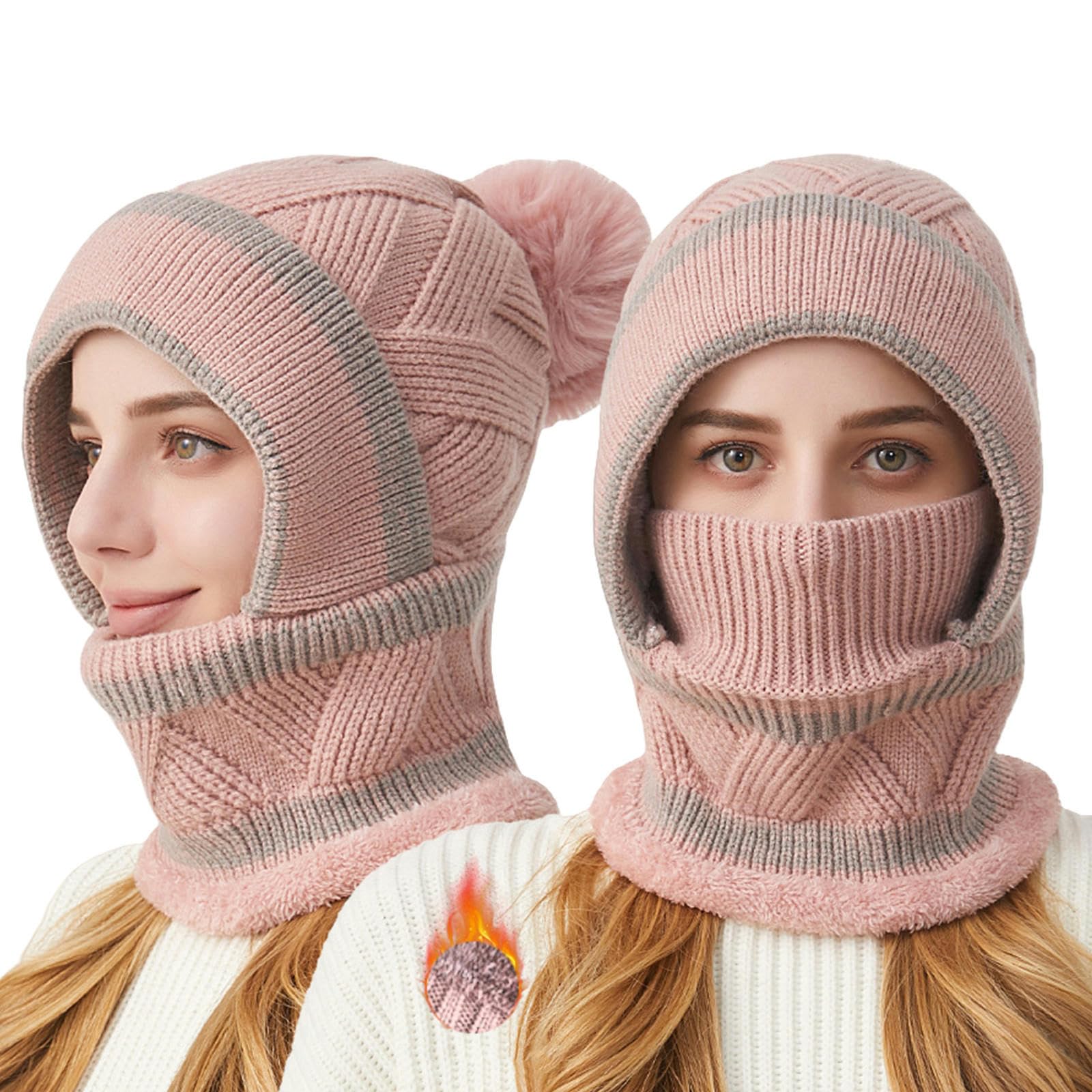 Sombrero Invierno Mujer Mujeres Sombreros De Gorro De Invierno 2 En 1 Vellón Juego De Máscara De Sombrero De Calentador De Cuello Grueso-Caqui