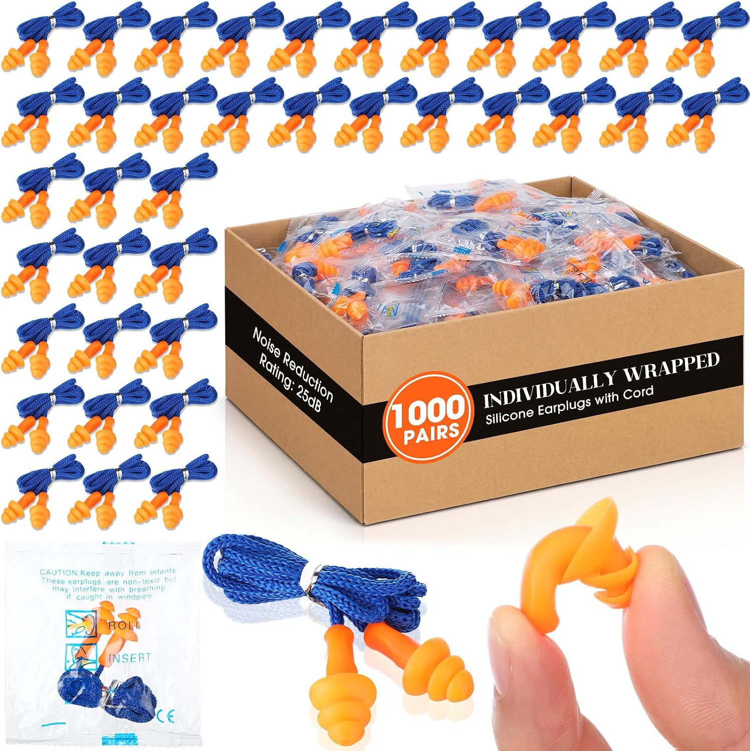 Relaxweex 1000 Pairs Corded Ear Plugs Bulk 25dB NRR Reusable Silicone Ear Plug with String Individually Wrapped Earplugs for Sleeping Noise Reduction Hearing Protection Shooting Construction Work