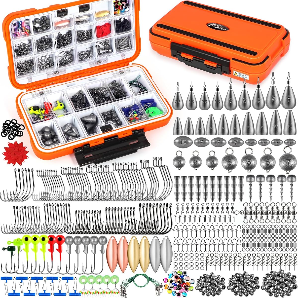 PLUSINNO Kit de accesorios para equipo de pesca, 449 piezas, caja de aparejos de pesca con aparejos incluidos, anzuelos de pesca, pesas de pesca, cabezales de anzuelo, equipo de aparejos de pesca para trucha lubina, regalos para hombres
