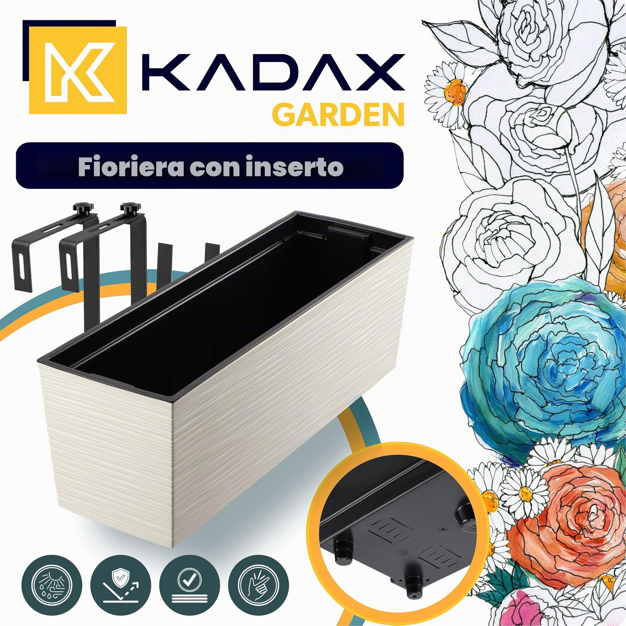 KADAX Fioriera con supporti 18,5 x 56 cm, motivo graffiato, crema, con inserto – Resistente alle intemperie