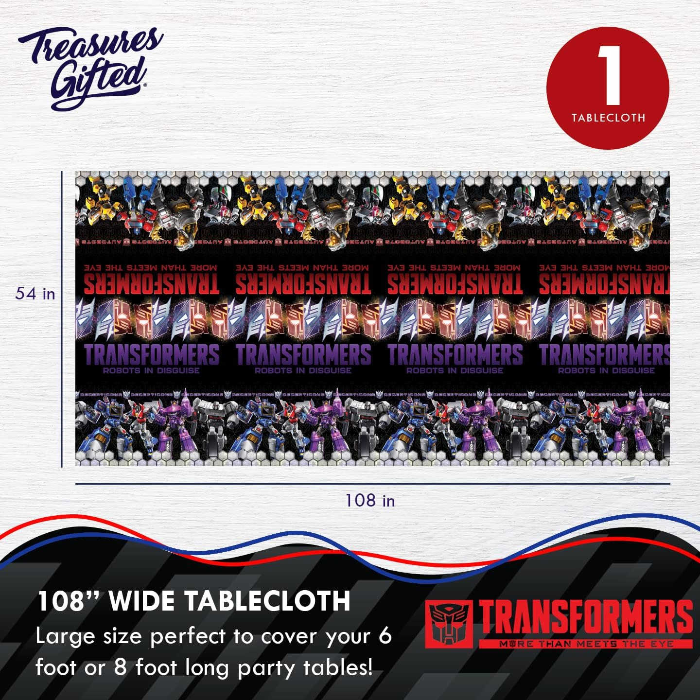Treasures Gifted Officially Licensed Transformers Birthday Party Supplies - Pack of 1 Tablecloth for Birthday 54 x 108 Inches - Transformers Party Supplies - Disposable Plastic Table Cloth Cover