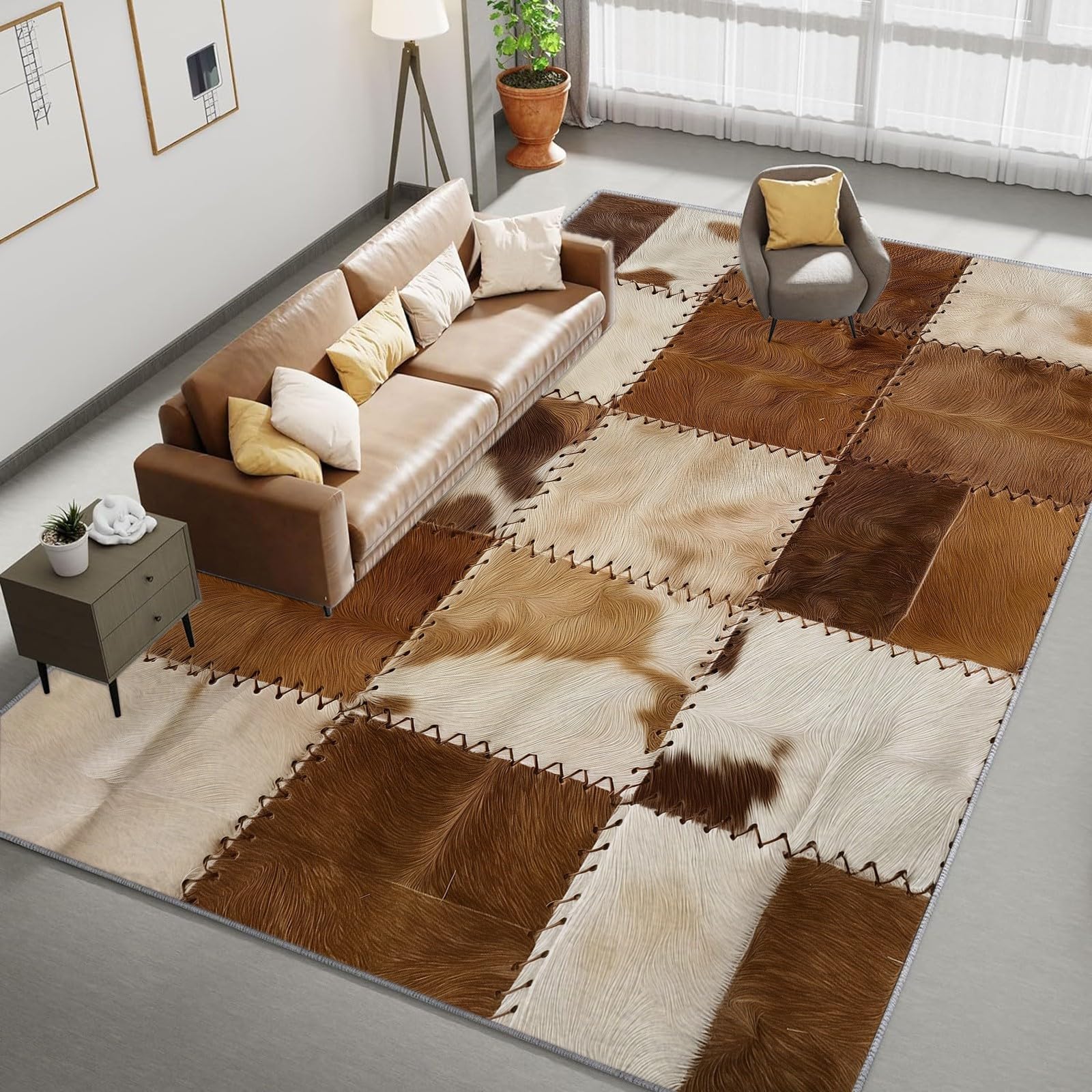 Tapis à Motif Rayures Patchwork en Cuir De Vache Tapis Salon Style Ferme Lavable Rectangulaire Tapis de Salon 180x240 cm, Antidérapant à Poils Courts Tapis Doux Chambre Poil Ras Tapis de Sol