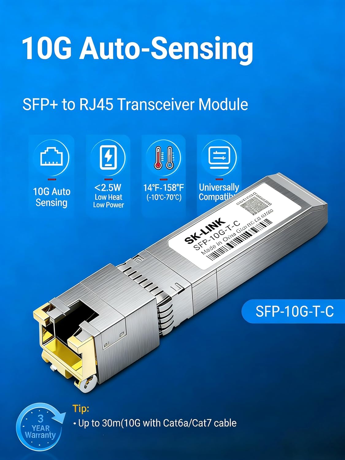 10G SFP+ to RJ45 Transceiver Compatible with Cisco, 10GBase-T Copper Ethernet Adapter, CAT6a CAT7 30m, Hot-Swappable Plug and Play Low Power