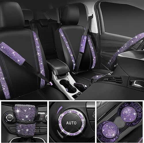 Miniatura 2 de CAR PASS Juego de 11 fundas de asiento de cuero con diamantes de imitación brillantes para mujer, juego de fundas de volante con diamantes de
