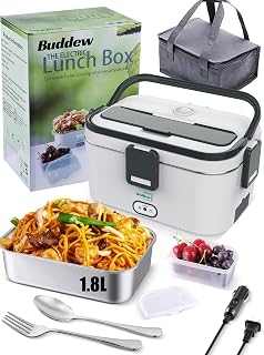 Buddew 80W Electric Heated Lunch Box 1.8L Stainless Steel - Portable Food Warmer 12V/24V/110V for Car Truck Office Work Gray