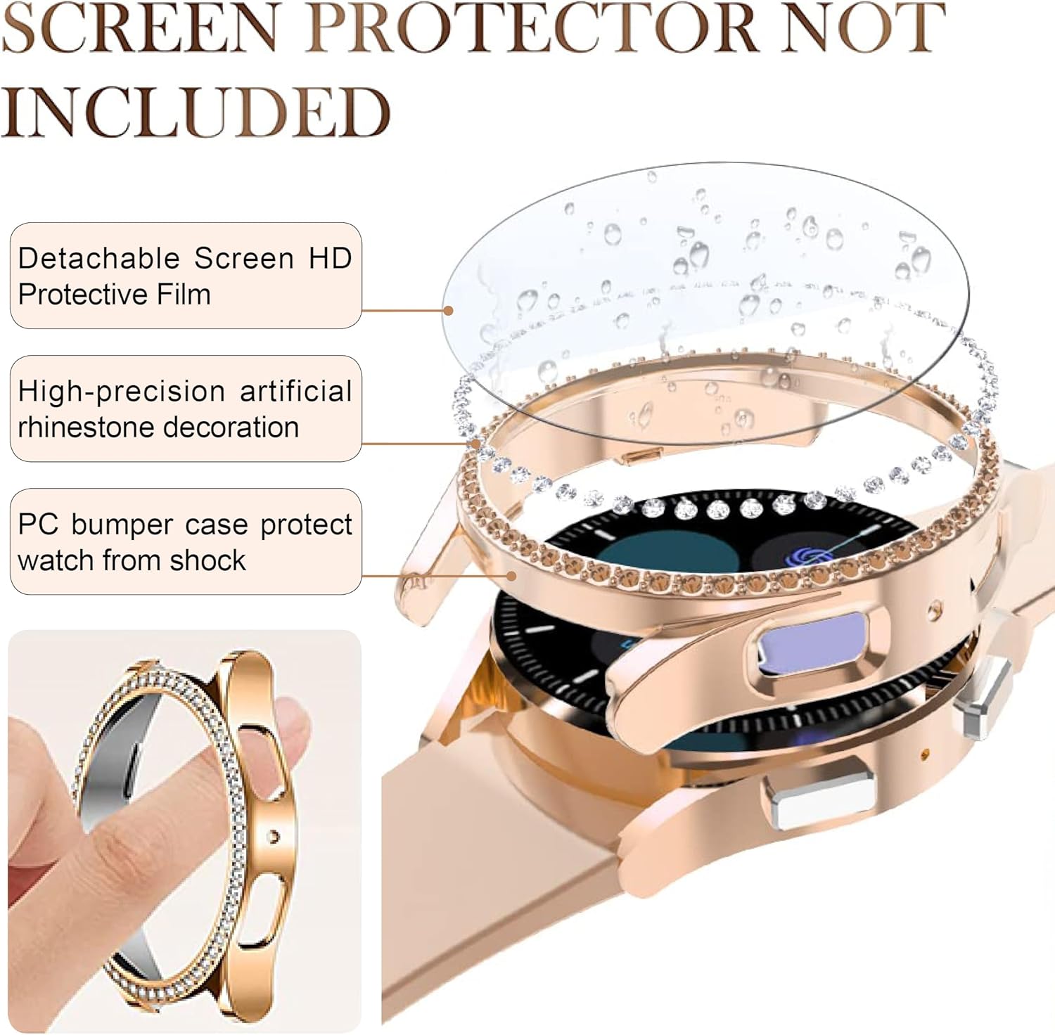 ALMNVO [2+2 Pack Bling Case for Samsung Galaxy Watch 6 Screen Protector 44mm, Tempered Glass Glitter Diamond Bumper Face Cover for Galaxy Watch 6/5/4 Accessories 44mm Galaxy Watch Case for Women 8-Black/Golden Galaxy Watch 6 5 4 44mm image 2 of 12 B0CFM2L9Q6