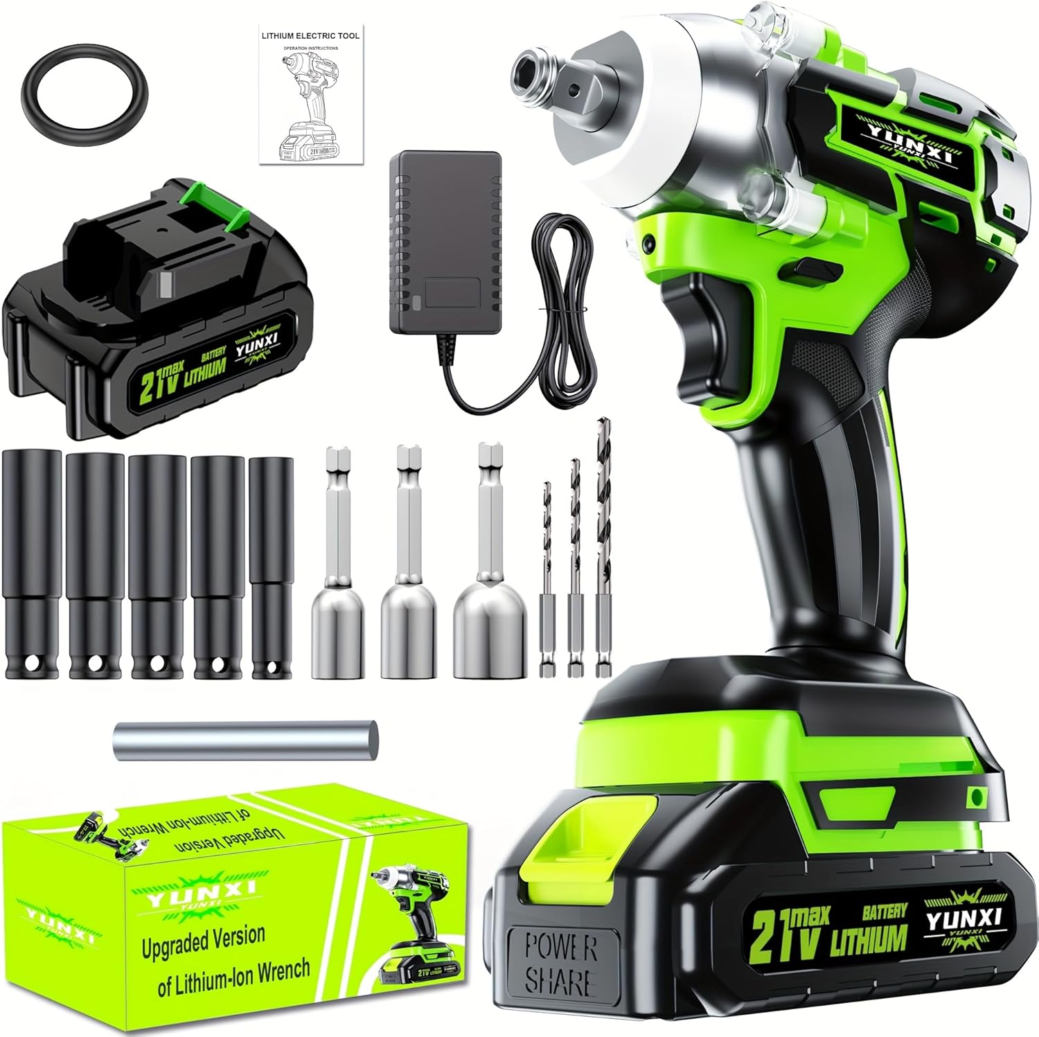 Cordless impact wrench kit, impact with charger, lithium-ion wrench-electric tools suitable for home and car maintenance and repair use (Premium Battery * 2+Luxury Package)