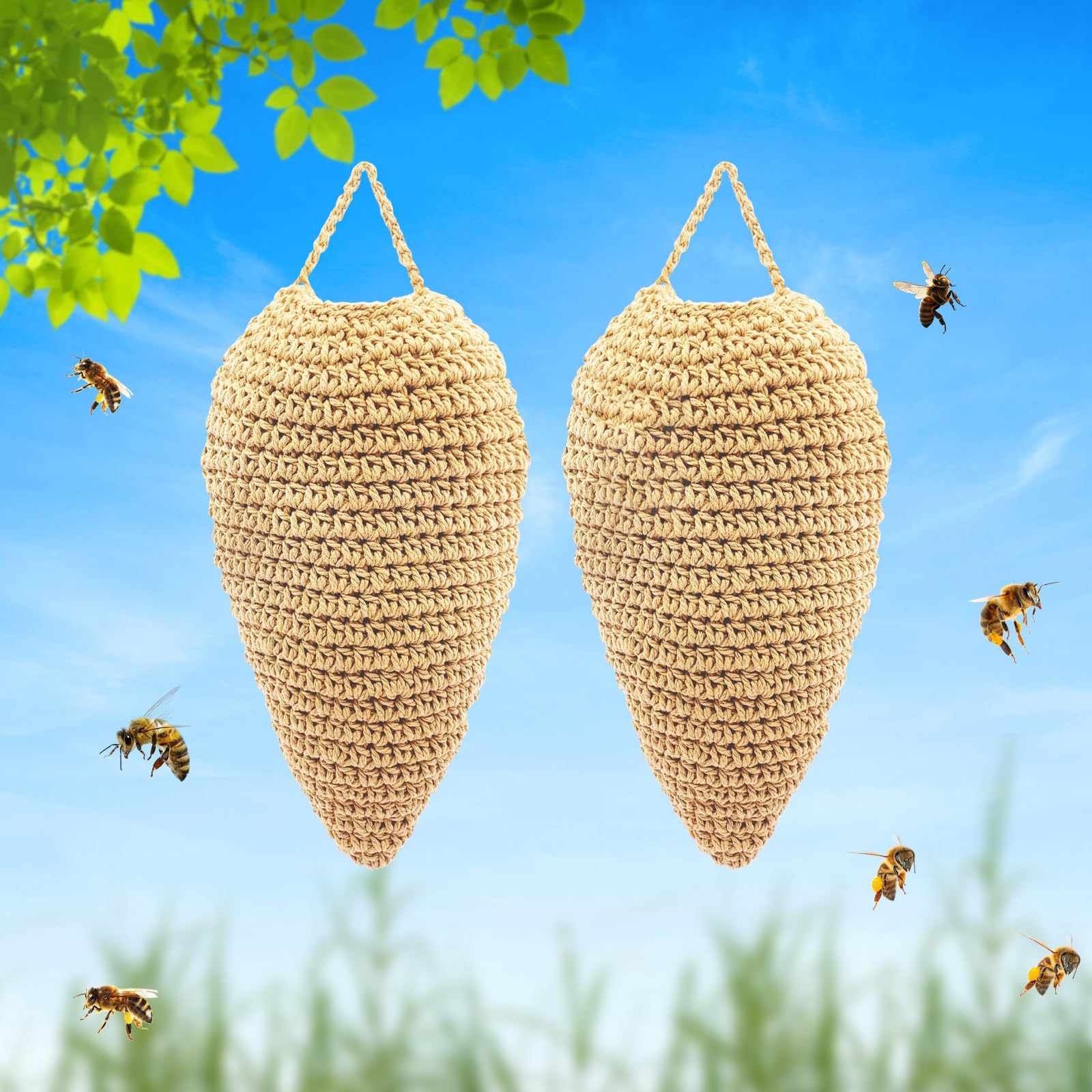 2 Pack Big Crochet Fake Wasp Nest Decoy - Hanging Imitation Hornet wasp hive nests Decoy for Outdoor Stay Away from Wasps Hanging Wasp Deterrent for Wasps Hornets (Khaki Yellow)