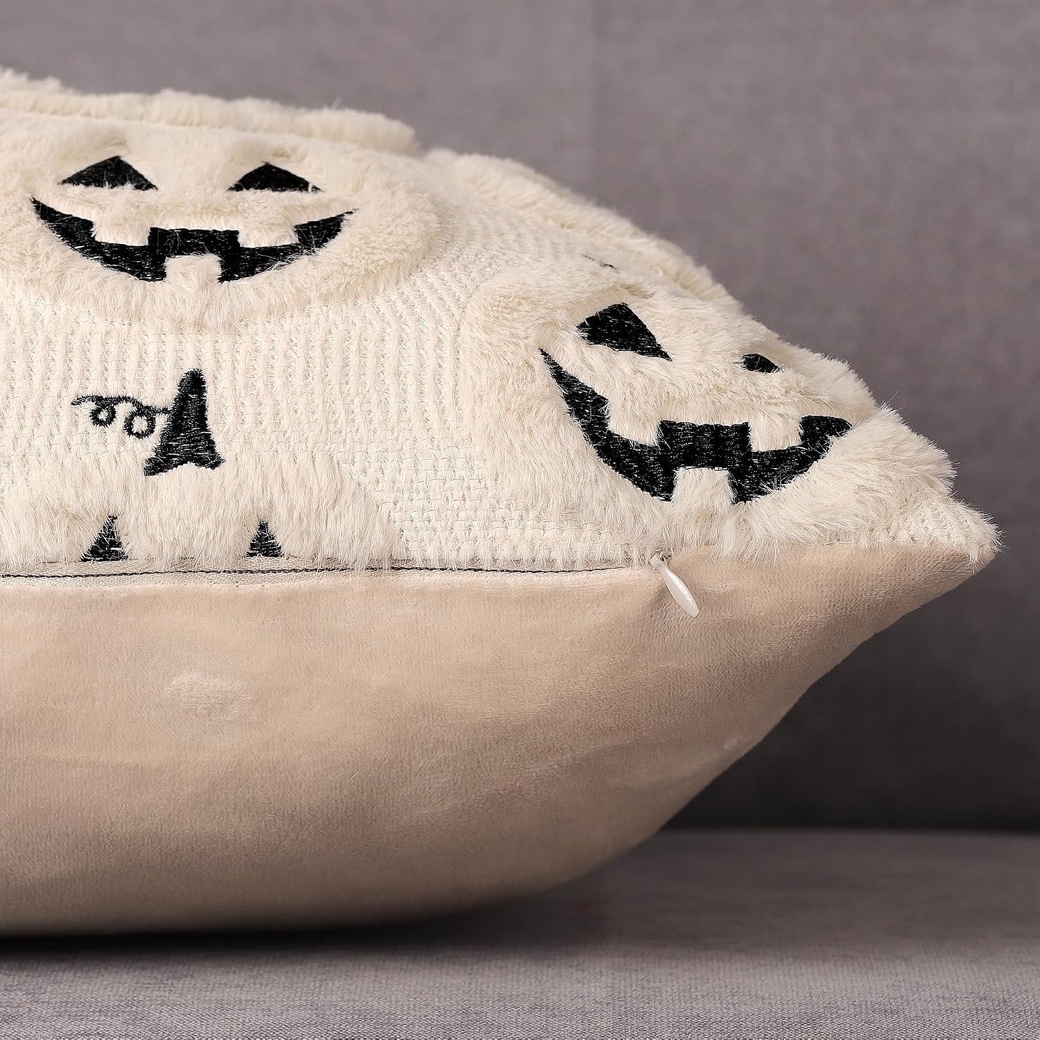 4TH Emotion Halloween Pumpkin Decorative Pillow Covers 16x16 Set of 2, Beige Soft Plush Faux Fur Farmhouse Throw Cushion Cases for Fall Autumn Holiday Home Decorations image 3