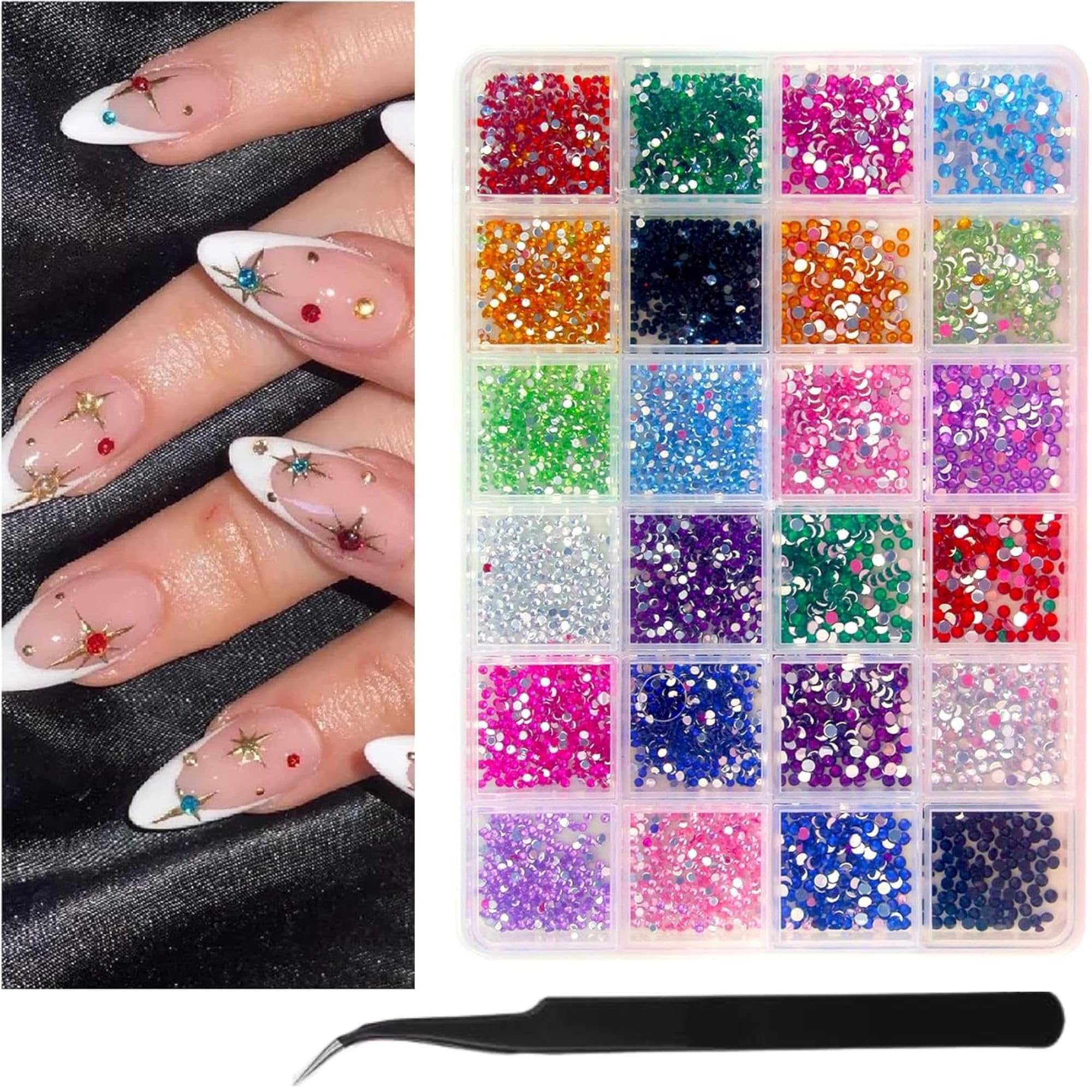 THR3E STROKES Nail Art Kit, Nail Art Rhinestone, Double Ended Nail Tweezers, Versatile Crystal Gems for Design, Makeup, DIY Crafts, Clothing and Phone Embellishments(24 Grids, Colored Diamonds)