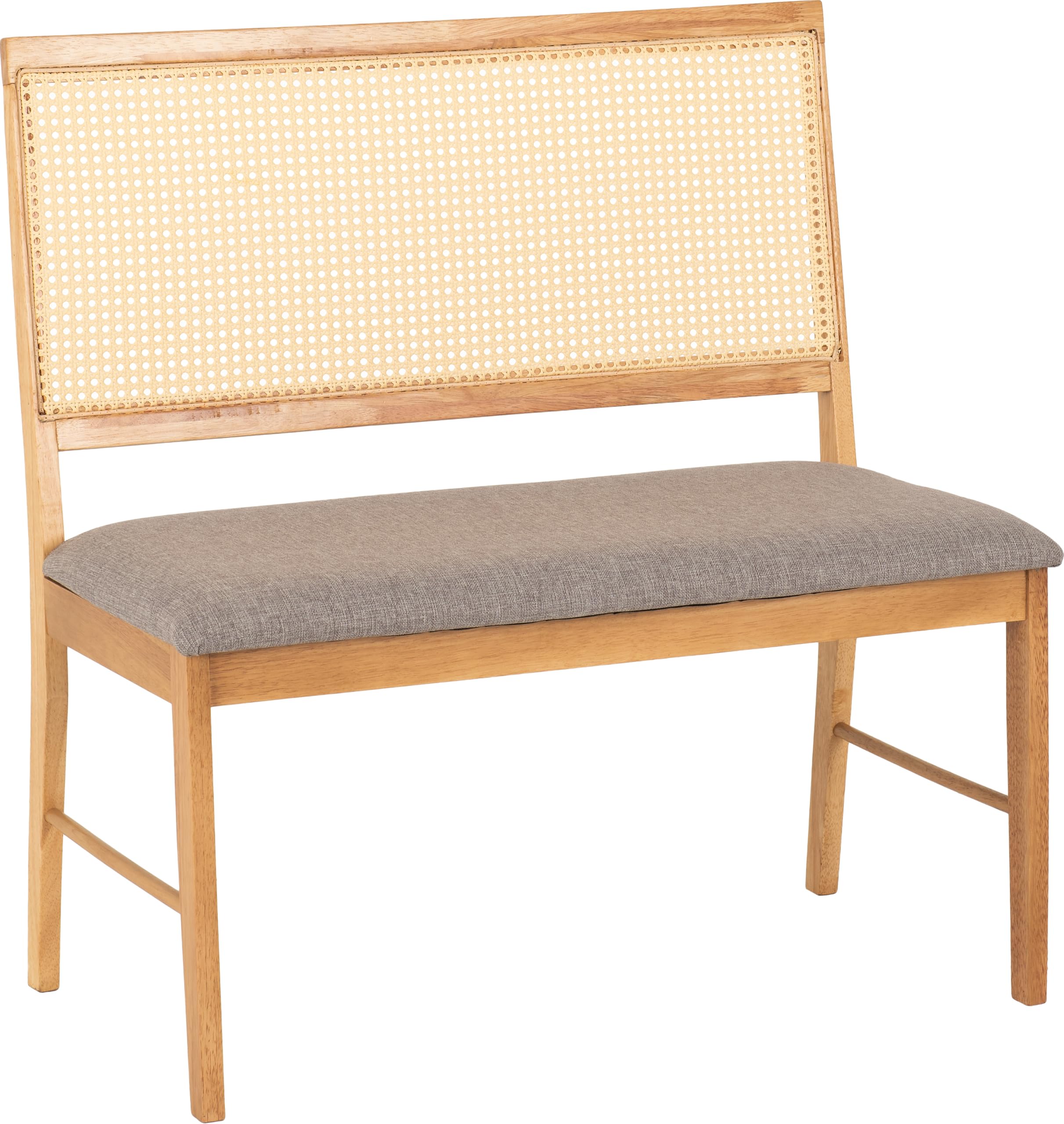 Ellis Dining Bench - Oak Effect Finish - Grey Fabric Upholstery - Rattan Feature