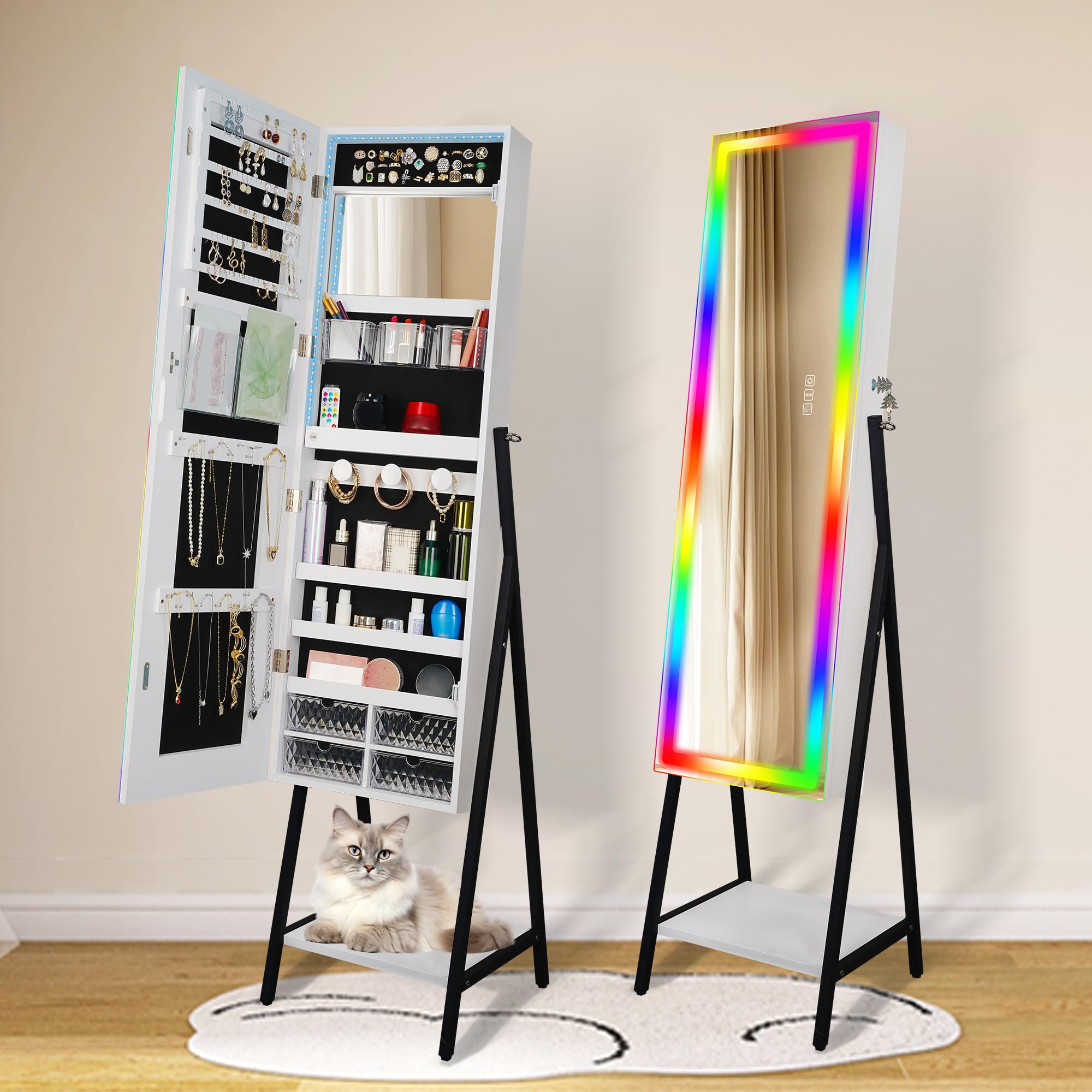 STARLEAD STARLEAD LED Espejo Joyería de Pie, RGB Luces Color Cambiante, Armario Joyero con Espejo Cuerpo Entero, Regulable, Brillo Regulable, Función Memoria, Cerradura, Forro Terciopelo, Gran Almacenamiento