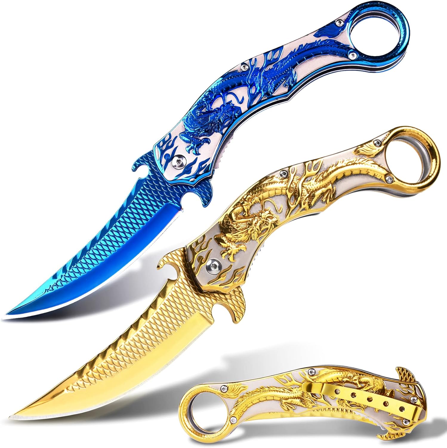 Pocket Knife for Men, Cool Folding Knife With 3D Golden & Blue Dragon Relief, Great
