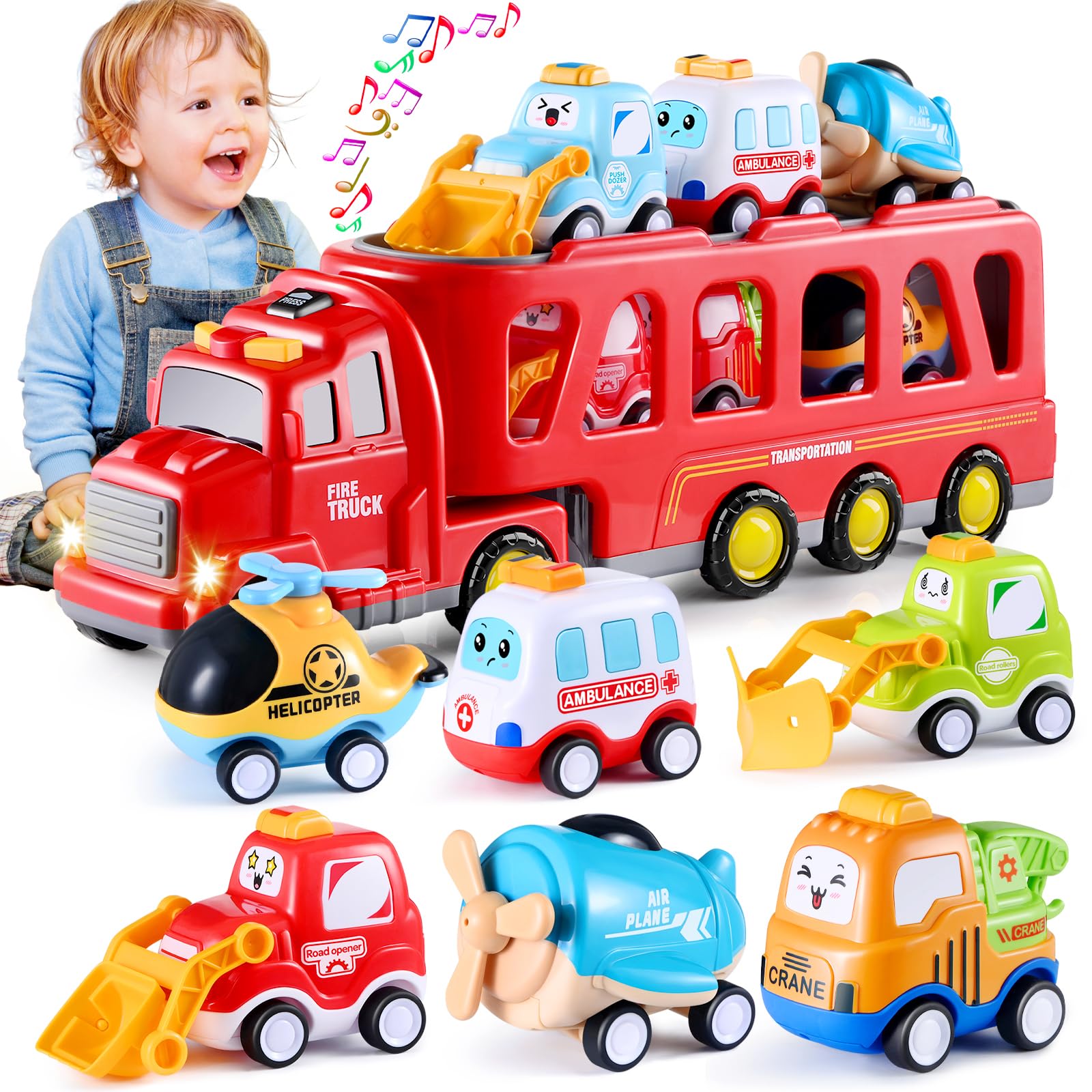 Feuerspielzeug für Jungen und Mädchen im Alter von 3 4 5 6 Jahren – 7-in-1-Transportwagen für Kleinkinder von 1 bis 3 Jahren, Weihnachts und Geburtstagsgeschenke – Alter von 3 bis 9 Jahren