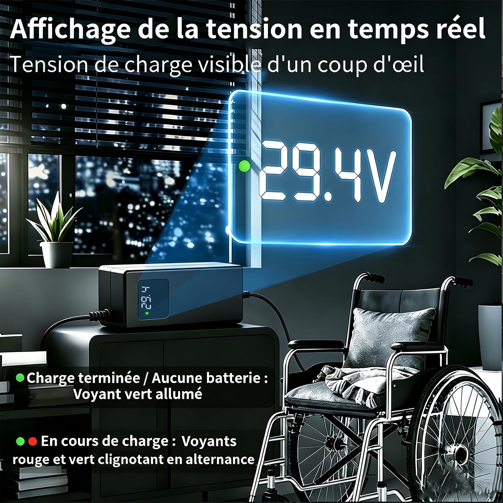 Chargeur 29,4V 4A Batterie 24V pour Fauteuil électrique | Écran tension, ventilateur refroidissement, protections, XLR 18mm, compatible véhicule léger