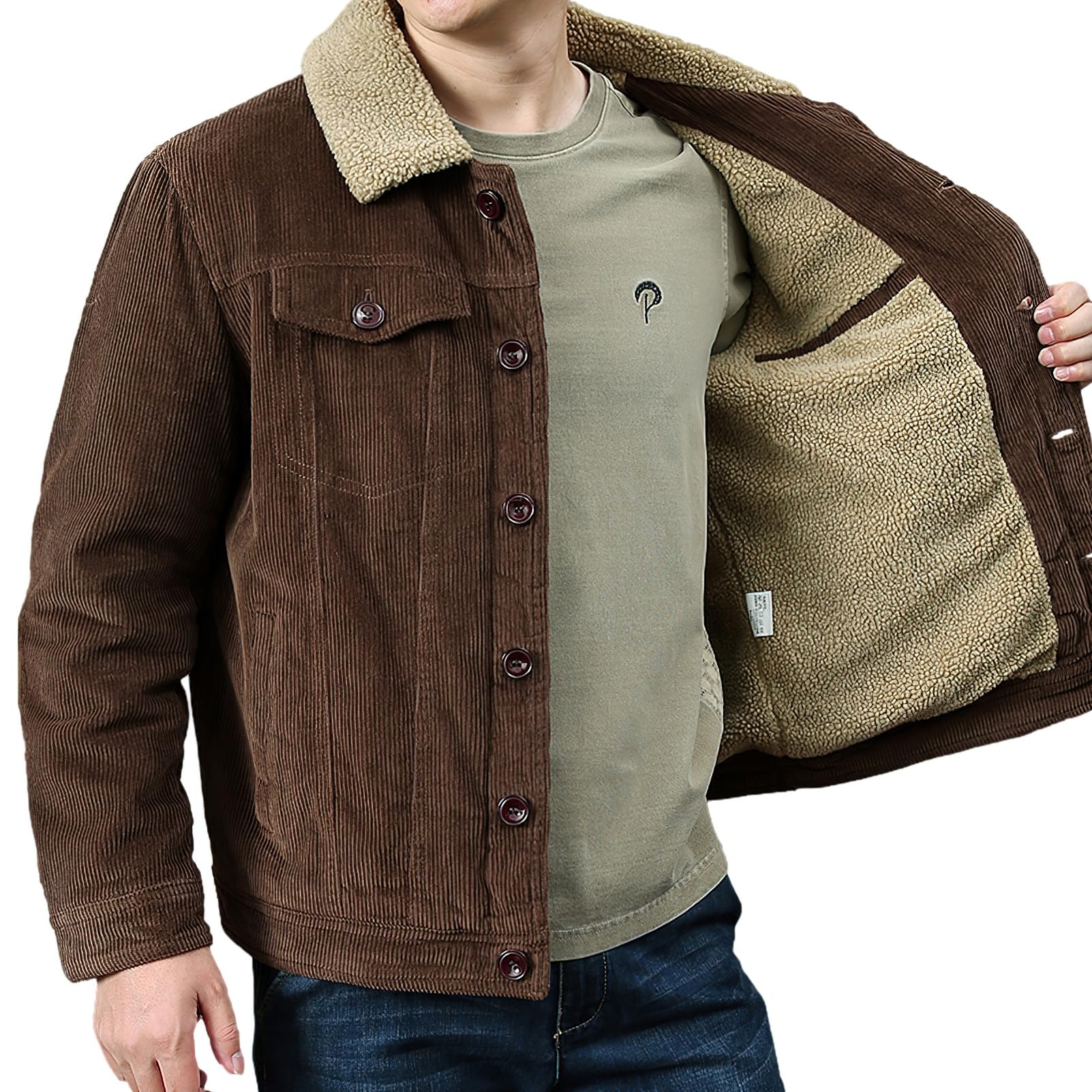 rismart Hombre Chaqueta Pana Forrado de Sherpa Camionero Botón Hacia Abajo Cuello Solapa Invierno Cálido Abrigo