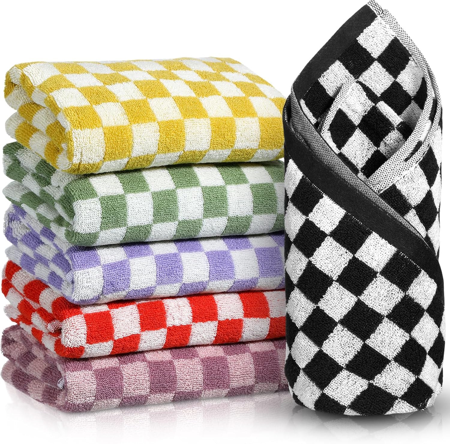 Peryiter 6 Pack Checkered Towels for Bathroom Hand Cotton Face Towels Absorbent Soft for Spa Bath Gym, 13 x 29 Inches, 6 Colors