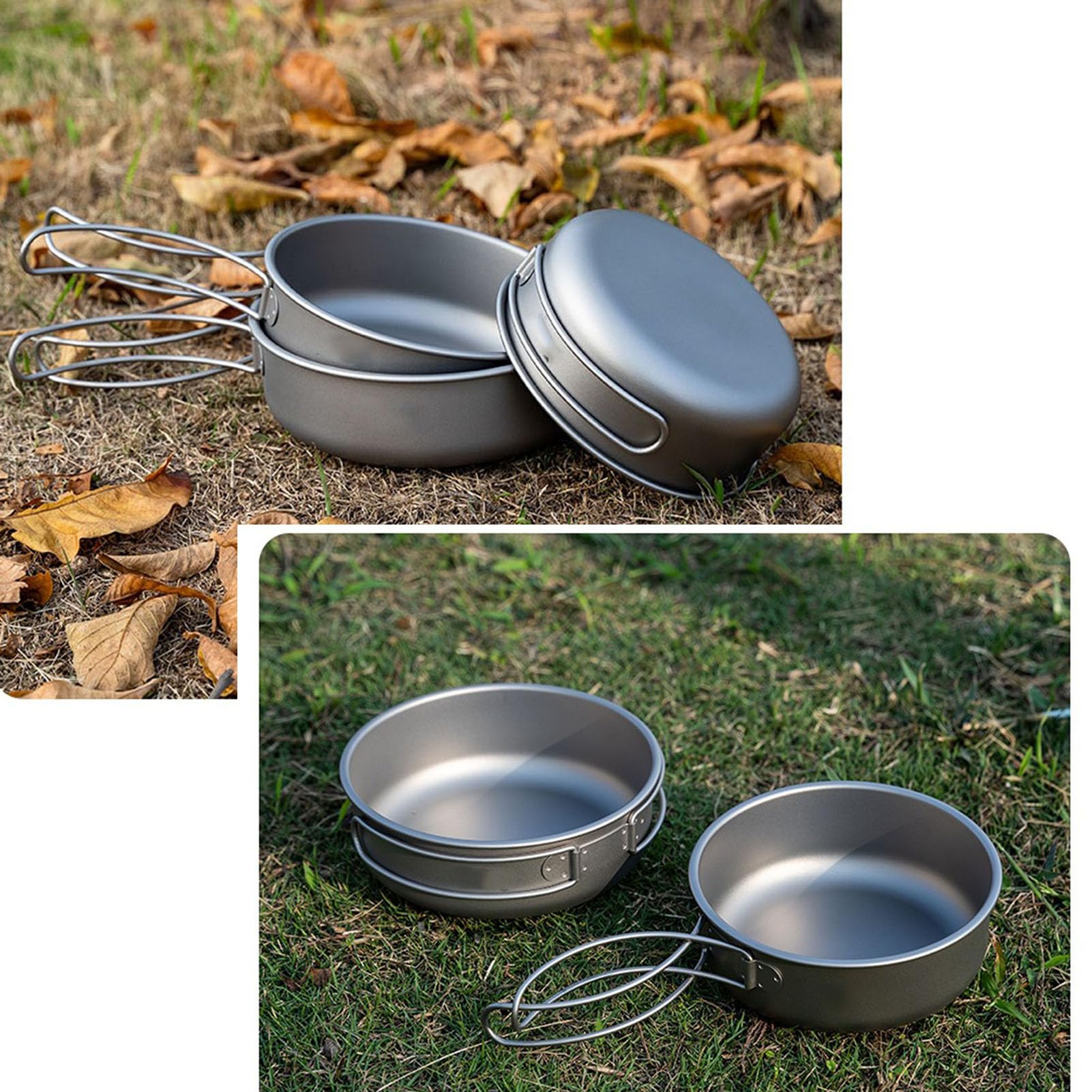 Kit Cottura da Campeggio in Titanio TA1 Senza Rivestimento, Pentola Ultraleggera con Cestello Vaporiera, Padella e Ciotola per 1–3 Persone, Fornello da Campeggio e Fuoco a Legna,6 Piece