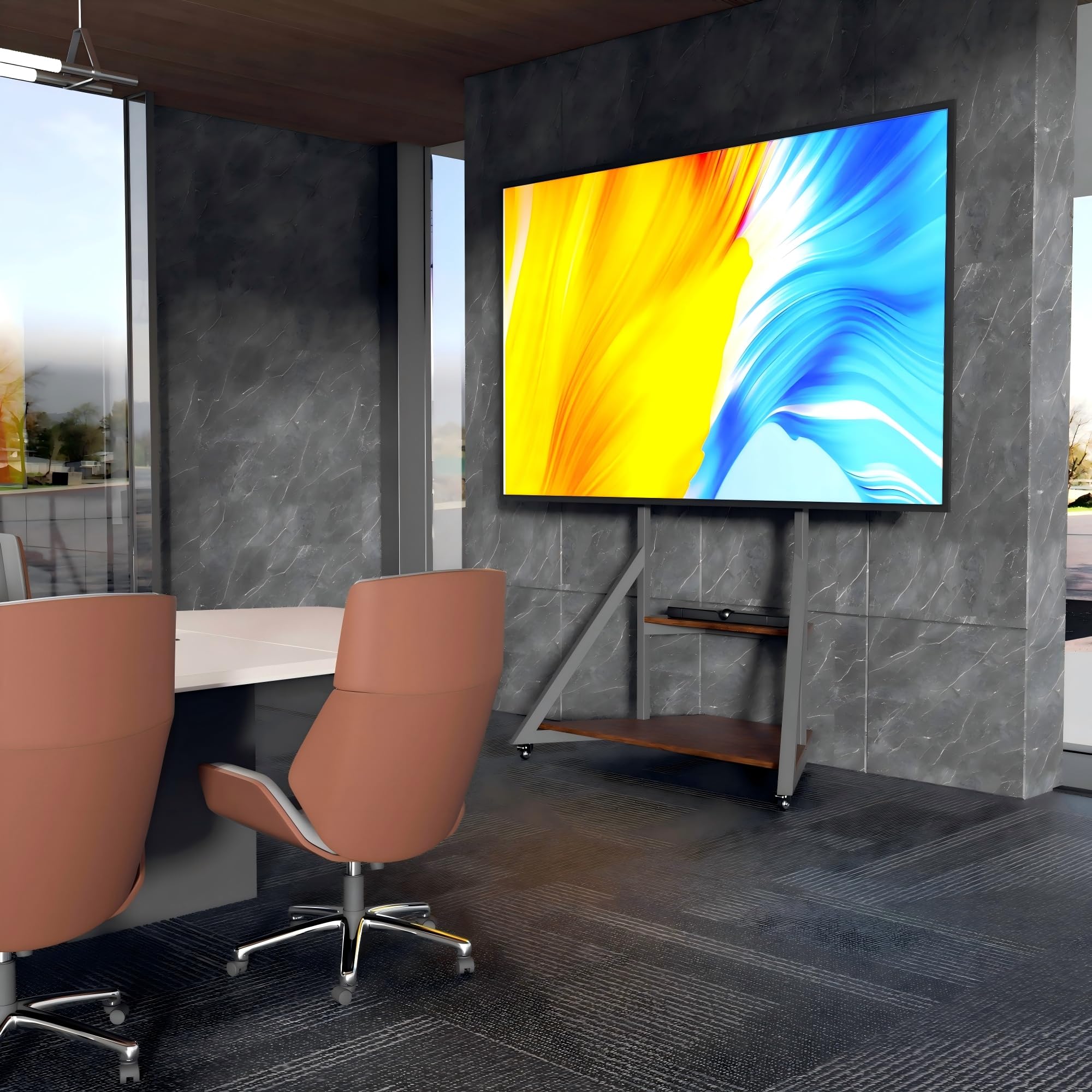 UNHO Supporto TV da Terra: Mobile Supporto TV da Pavimento Ripiani Legno Bello Design Porta TV da Terra per 40-75 Pollici Regolabile in Altezza Max VESA 600x400mm Portata 80kg
