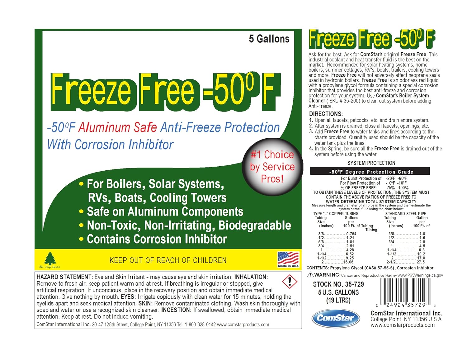 ComStar Freeze Free -50ºF, Aluminum Safe Boiler Anti-Freeze, Propylene Glycol Formula with Freeze Protection to -50º F Burst, Compatible with Aluminum Components, Made in USA, 5 Gallon (35-729)