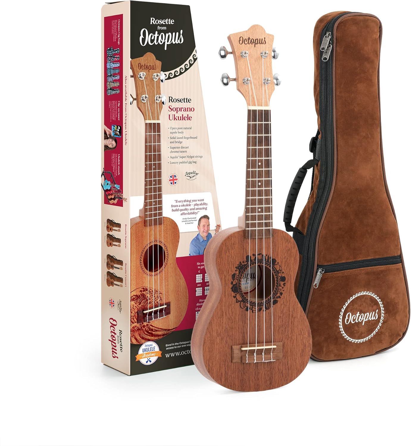 Octopus Soprano Ukulele, Right, Natural Finish with Lazer Etched Motif (UK230S)