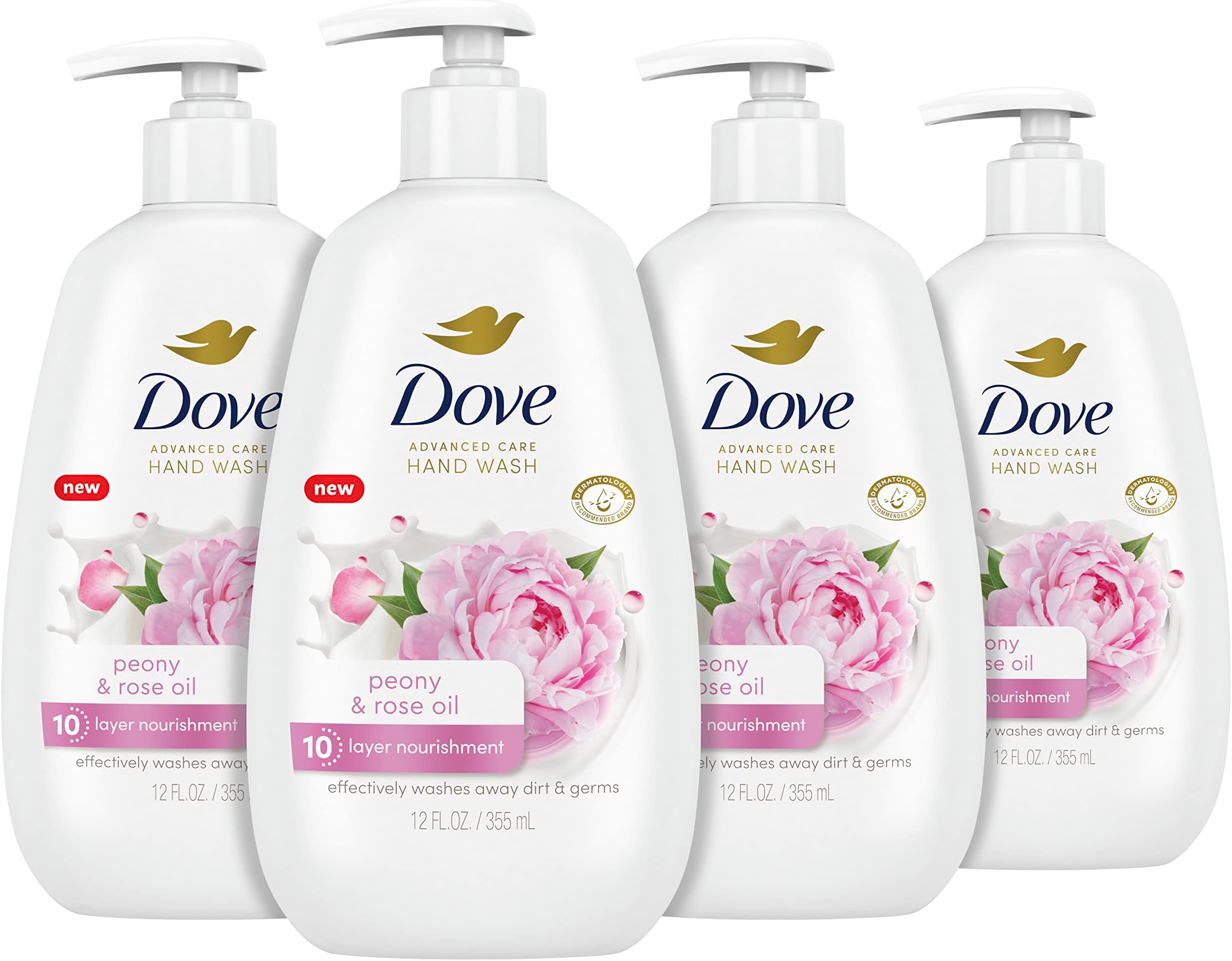 Dove Advanced Care Hand Wash Peony & Rose Oil 4 Count for Soft, Smooth Skin, More Moisturizers Than The Leading Ordinary Hand Soap, 12 oz