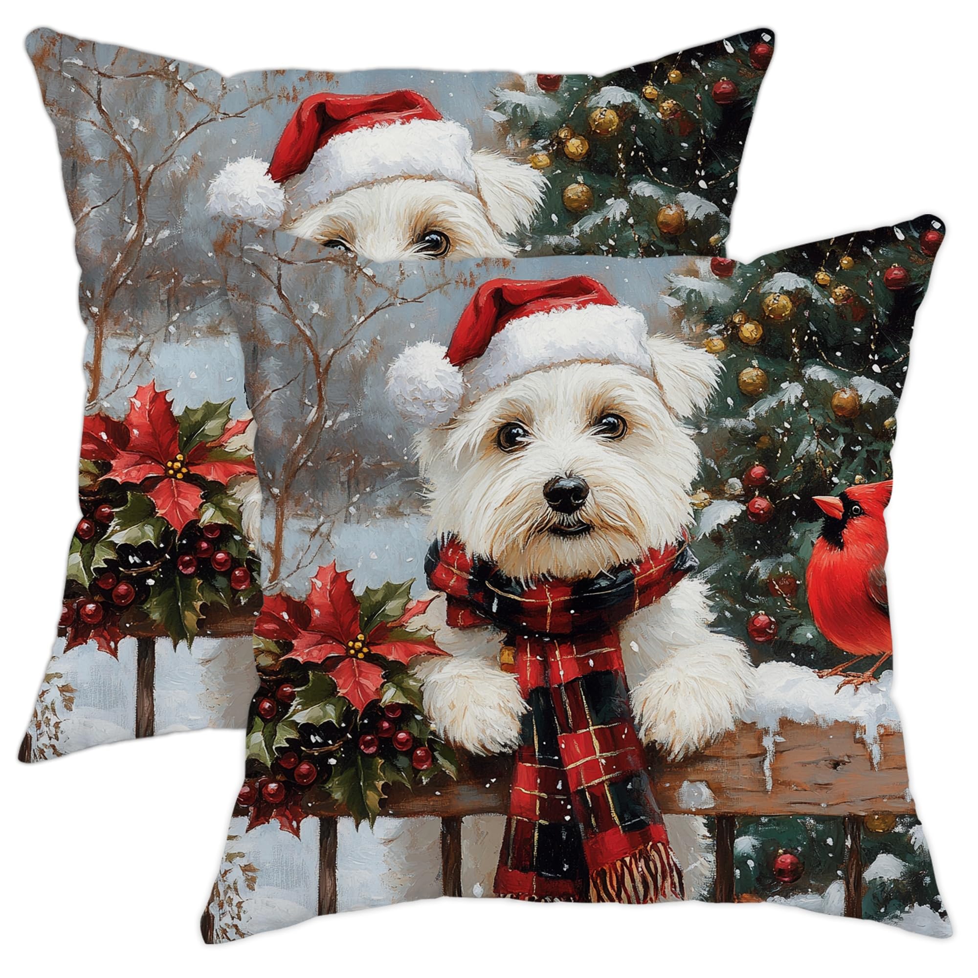 Christmas Westie Dog Throw Pillow Covers 12x12 Set of 2, Soft Comfy Xmas Farmhouse Cardinal Puppy Pillow Cases Kit, Holiday Pet Pattern Velvet Decorative Couch Sofa Living Room