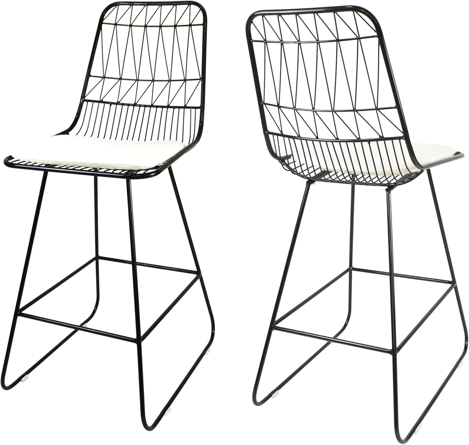 GDFStudio Outdoor Counter Stools, 26" Seats, Modern, Geometric, Black Iron Frames with Ivory Cushion (Set of 2)