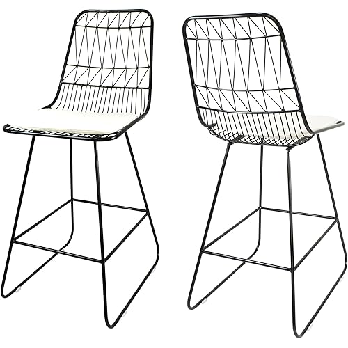Christopher Knight Home Lilith Counter Stools, 26" Seats, Modern, Geometric, Black Iron Frames with Ivory Cushion (Set of 2)