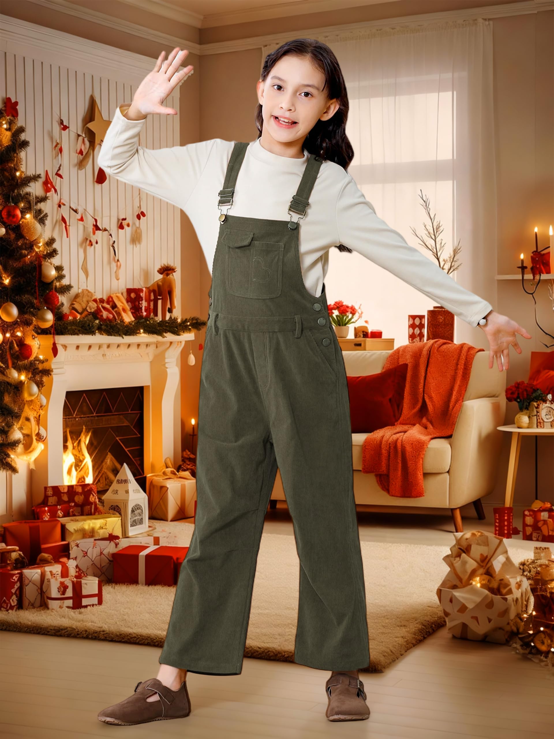 Rolanko Mädchen Cord-Overalls Anpassbar Träger Latzhose mit Taschen Baggy Loose Long Jumpsuit für Kinder