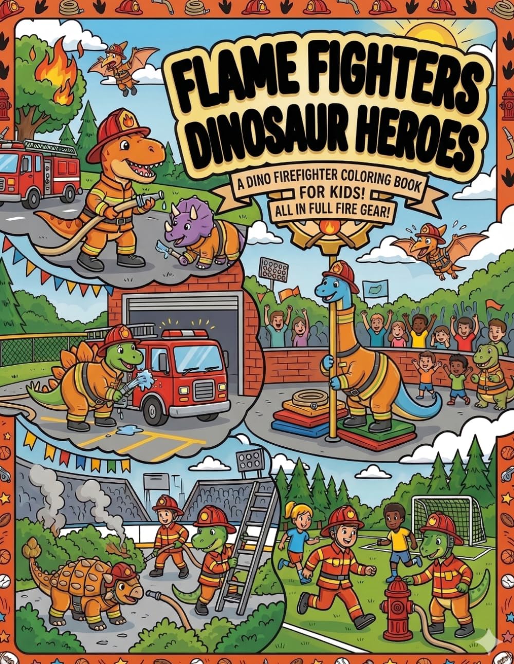 Flame Fighters Dinosaur Heroes: Exciting Firefighter Dinosaur Coloring Pages for Kids Ages 4–8 Who Love Heroes and Dinosaurs