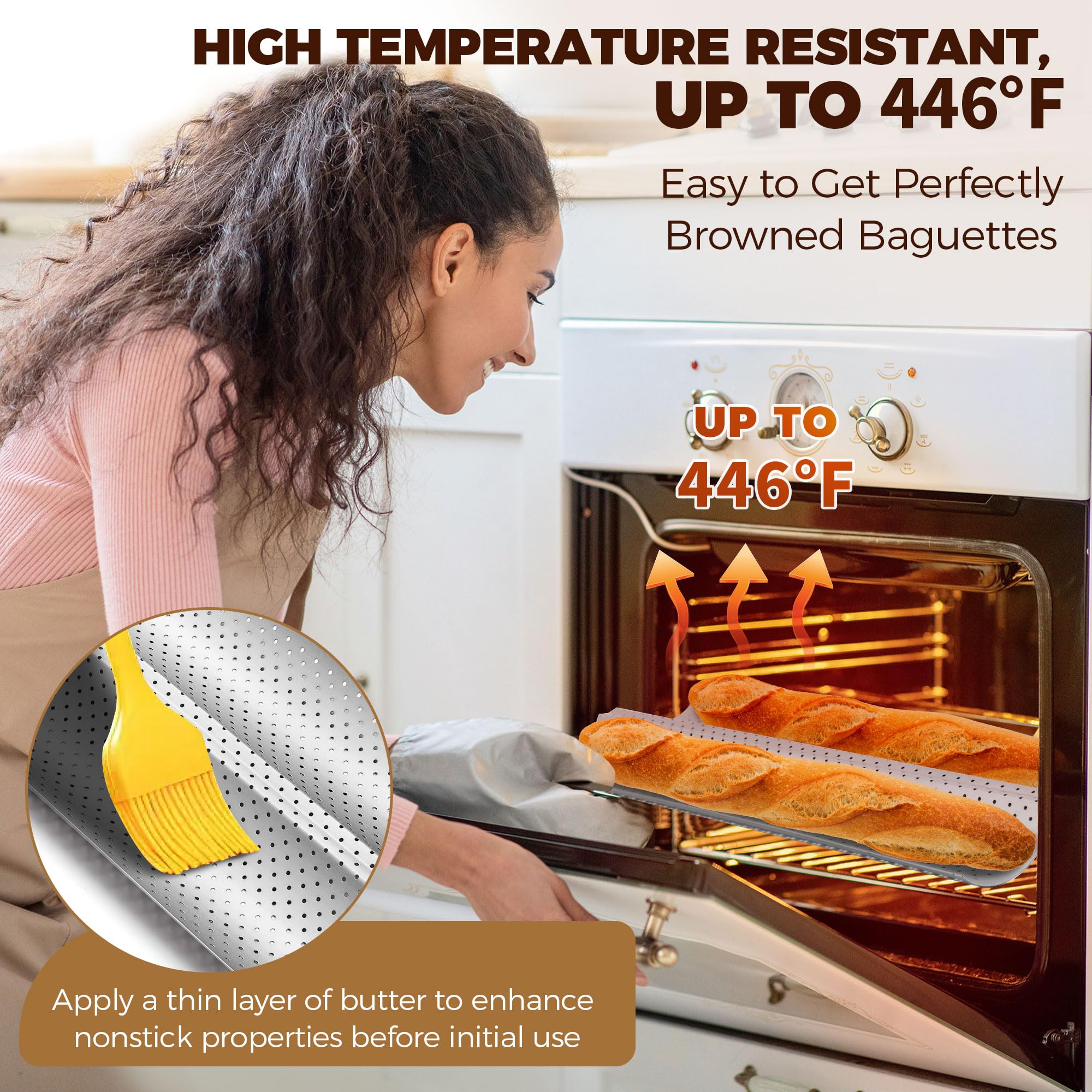 Yupjlia Molde para pan de baguette, molde para hornear pan francés perforado antiadherente de alta calidad, bandeja para 2 panes para masa madre, pan italiano, perfecto para crear corteza crujiente de