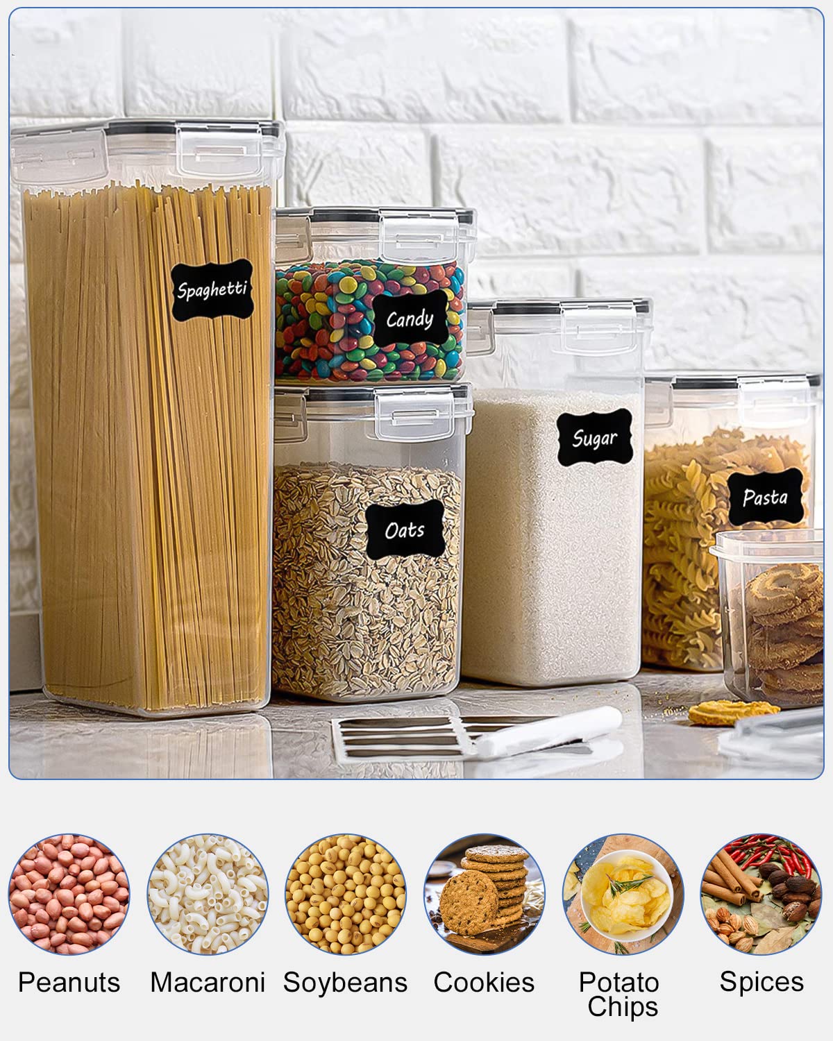 heuchaey Set di 19 Contenitori Alimentari per Cereali,Contenitori Plastica con Coperchio,Etichette e cucchiai,Barattoli Ermetici per Cereali,Muesli,Farina（2.8L 2L 1.4L 0.8L）