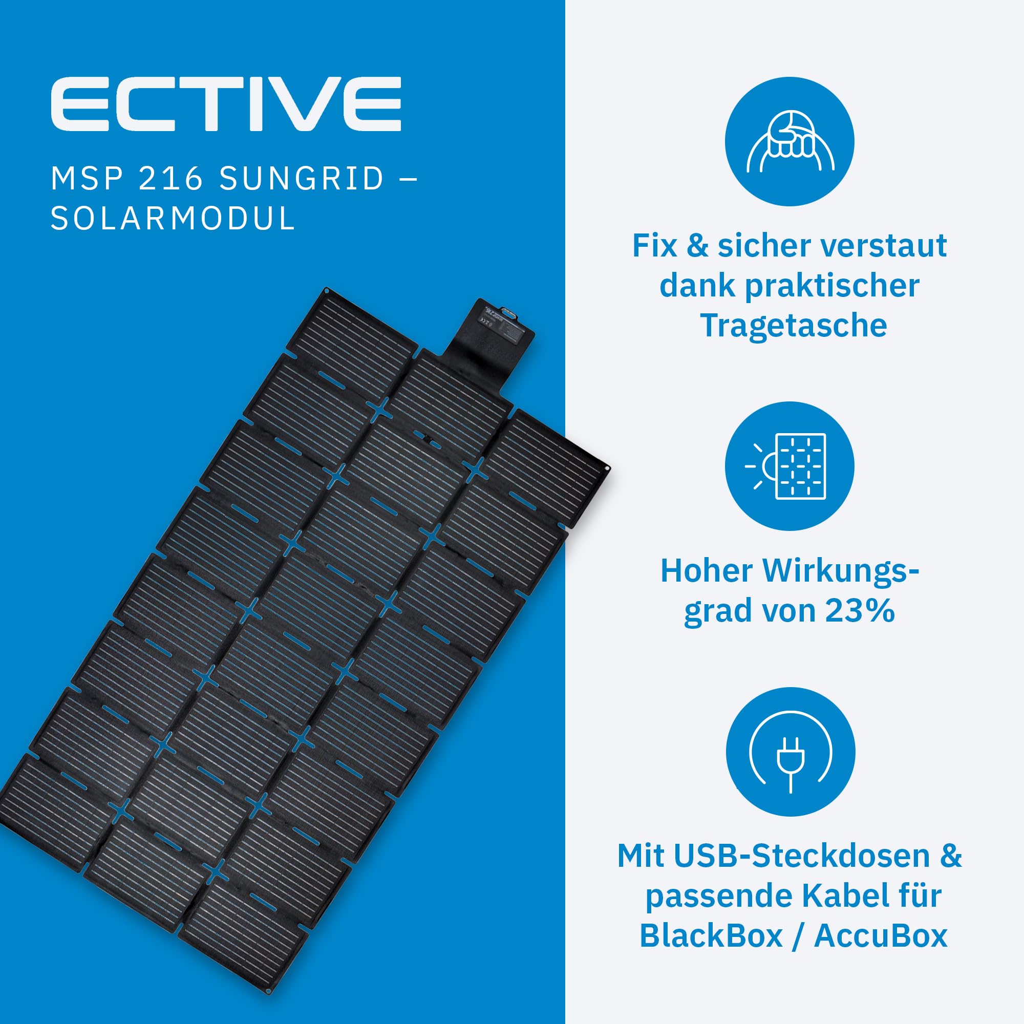 ECTIVE - Solarpanel faltbar MSP 216 SunGrid – Klappbares Solarmodul 216W mit USB-A & -C Anschlüssen - Tragbare Solartasche mit Kabel für BlackBox/AccuBox – Für Camping, Wohnmobil, Outdoor & Festival