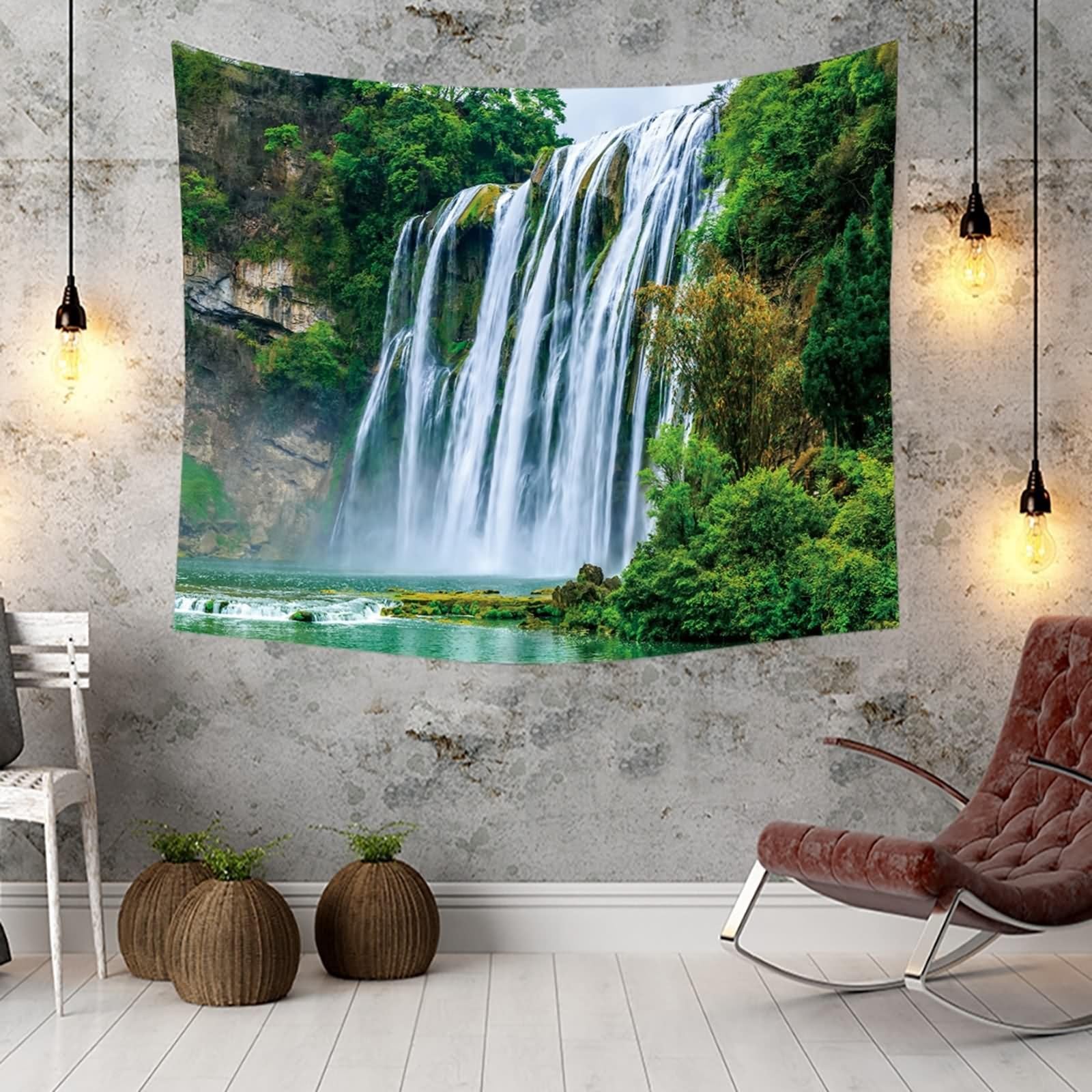 Aotiwe Zasłona ścienna, duża, do sypialni, motyw gór i wodospadu, zielony, brązowy, biały, 350 x 256 cm