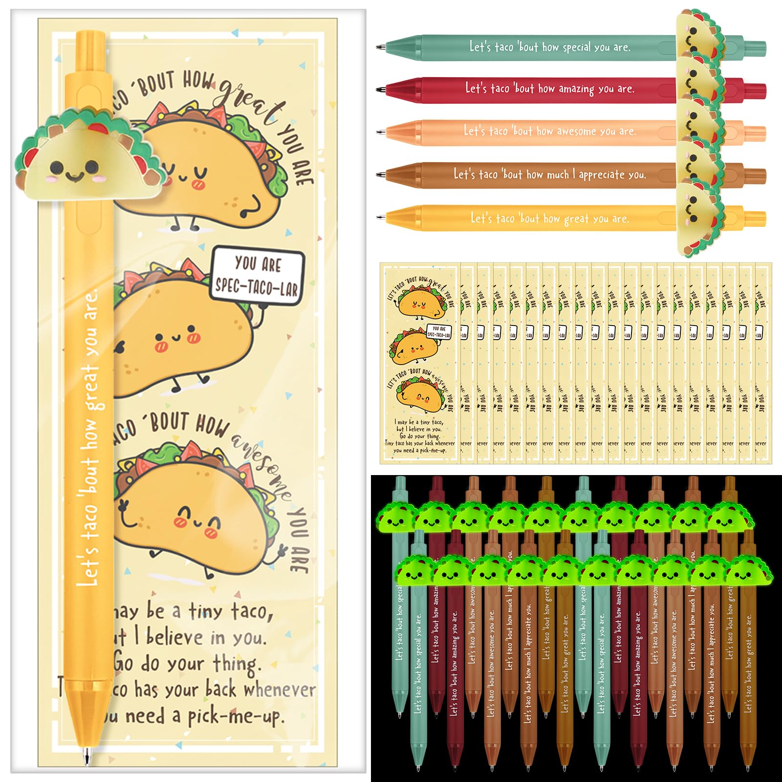 Sayglossy 40 Set Positive Taco Piñata Cinco De Mayo Party Favors Luminous Ballpoint Pen with Mental Health Bookmark for Taco Appreciation Gift for