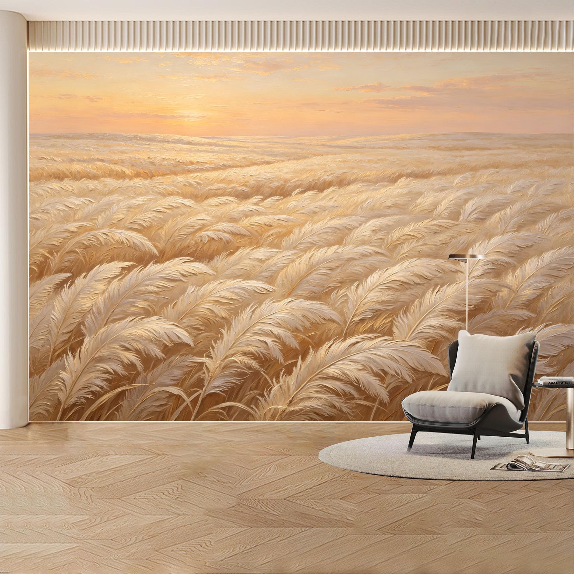 Custom Wall Mural Wallpaper Wheat Field Sunset， Landscape Nature Large Wall Art， Boho Minimalist Removable SelfAdhesive Large Photo for Living Room， Bedroom， Office