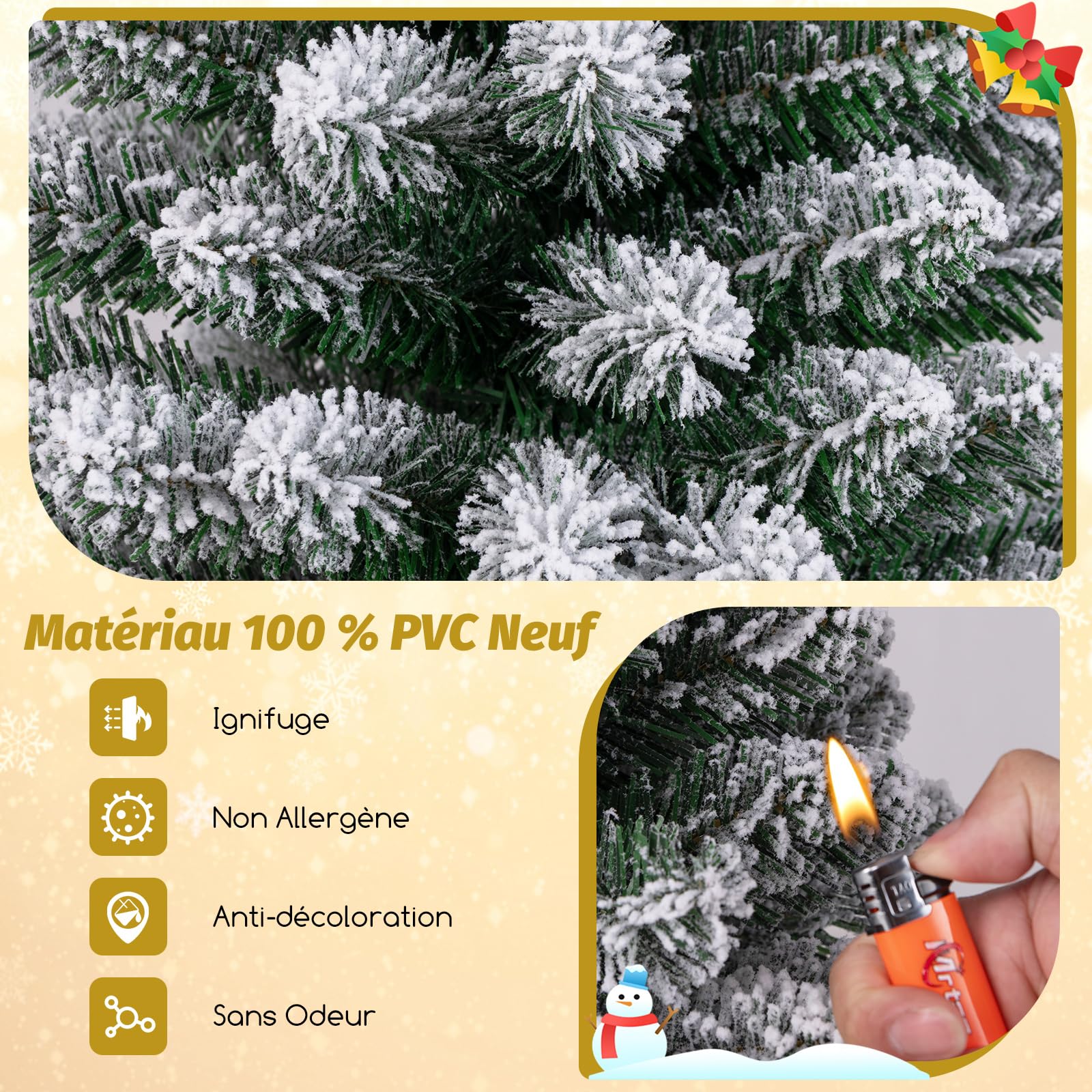 GYMAX Sapin de Noël Artificiel 180cm Mince Mignone, 460 Branches Blanches Floquées de Neige en PVC, Installation Facile en 3 Sections, Support en Métal, pour Maison, Bureau et Hôtel