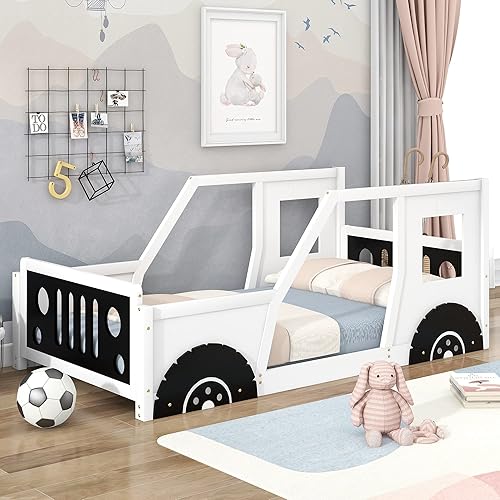 Cama de plataforma clásica en forma de automóvil con ruedas, marco de cama de tamaño individual con ventanas para dormitorio, no necesita caja de