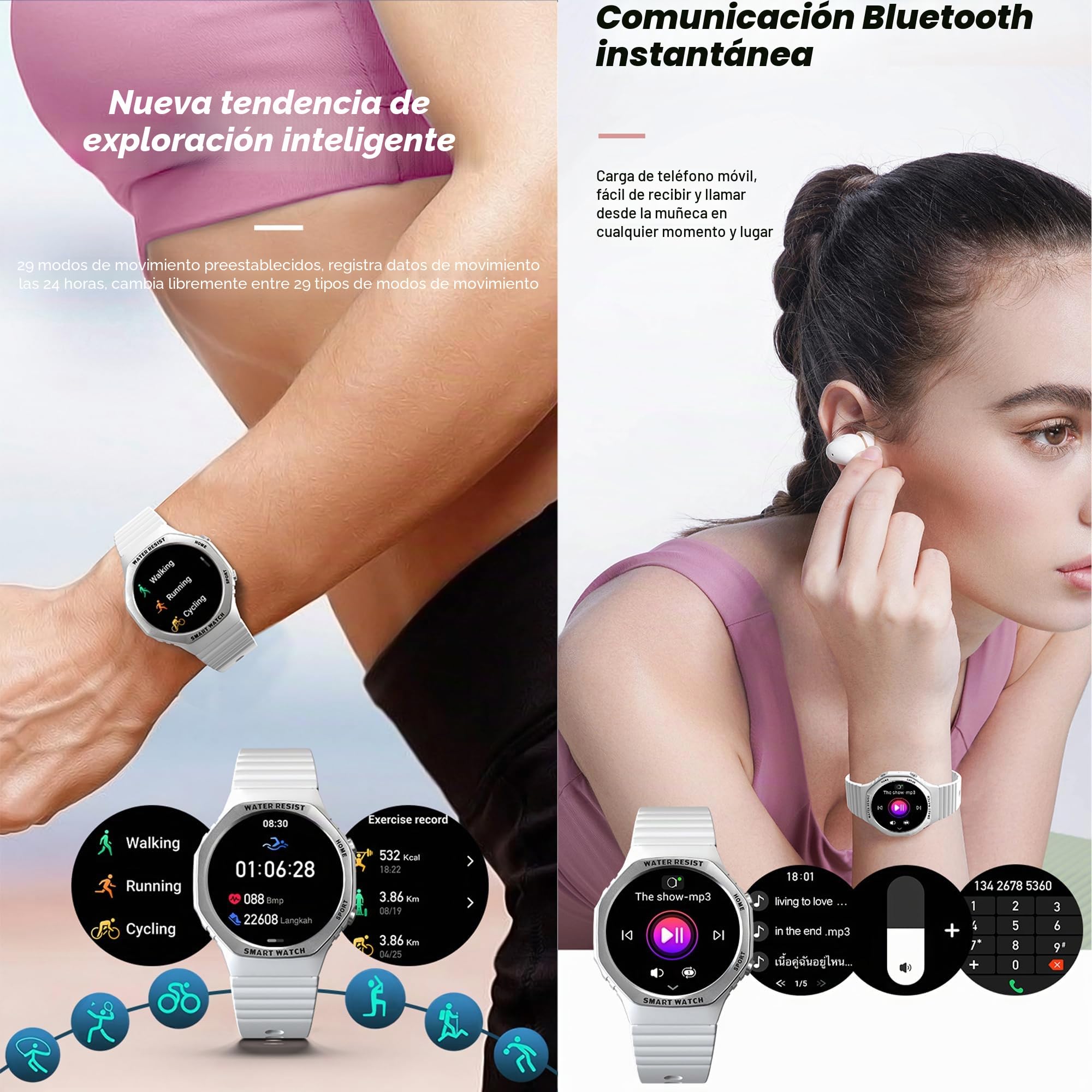 Reloj Inteligente Mujer con Llamadas, 1,32 AMOLED Pulgada Smartwatch Deportivo con Podometro Pulsometro SpO2 Sueño Presion Arterial Pulsera Actividad 5ATM Reloj Digital para iOS Android (Plata)