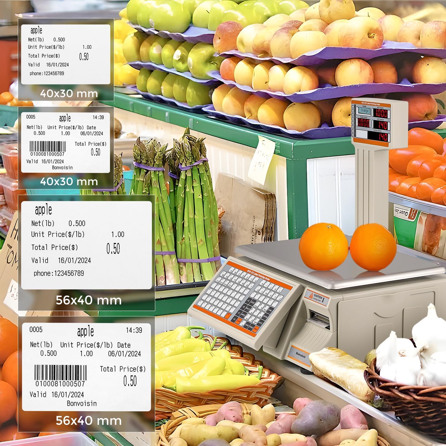 Bonvoisin Digitale Etikettendruckwaage 30kg/66lb mit Barcode Druck - Doppeldisplay - 71 Tasten & 4000 PLU Speicher - RS232/Ethernet/Kassenschublade - für Supermarkt, Einzelhandel